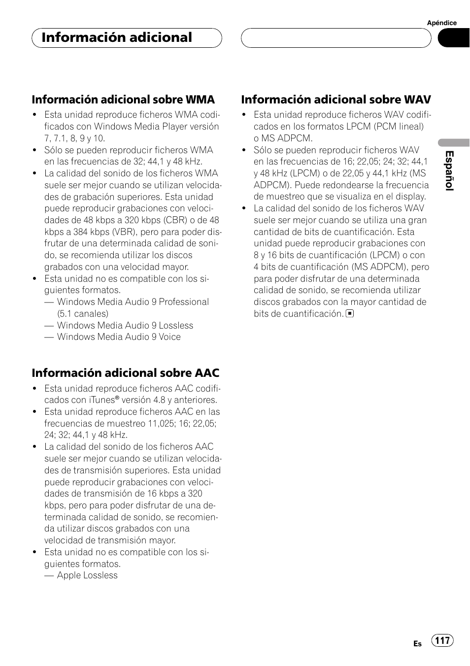 Información adicional sobre, Wma 117, Aac 117 | Wav 117, Información adicional, Información adicional sobre wma, Información adicional sobre aac, Información adicional sobre wav | Pioneer DEH-P6800MP User Manual | Page 117 / 123