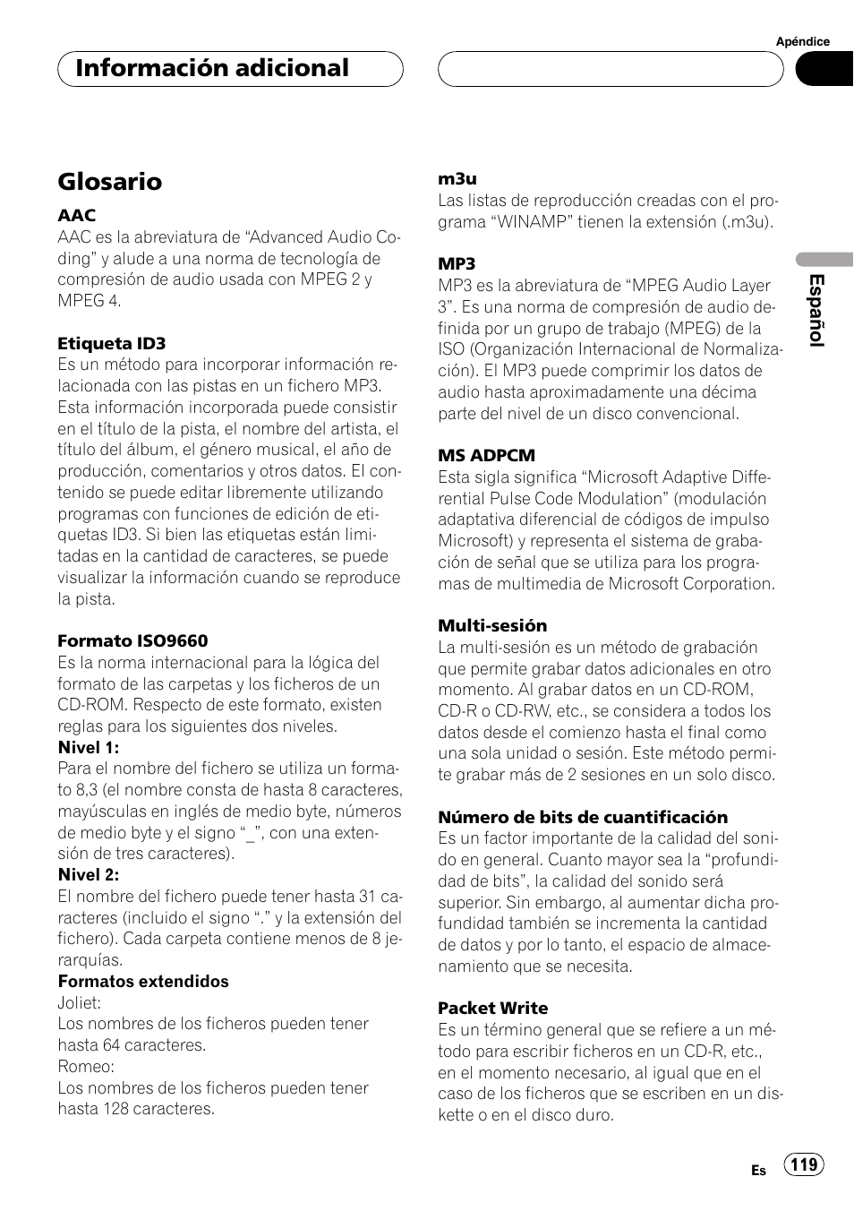 Glosario 119, Glosario, Información adicional | Pioneer DEH-P6800MP User Manual | Page 119 / 123
