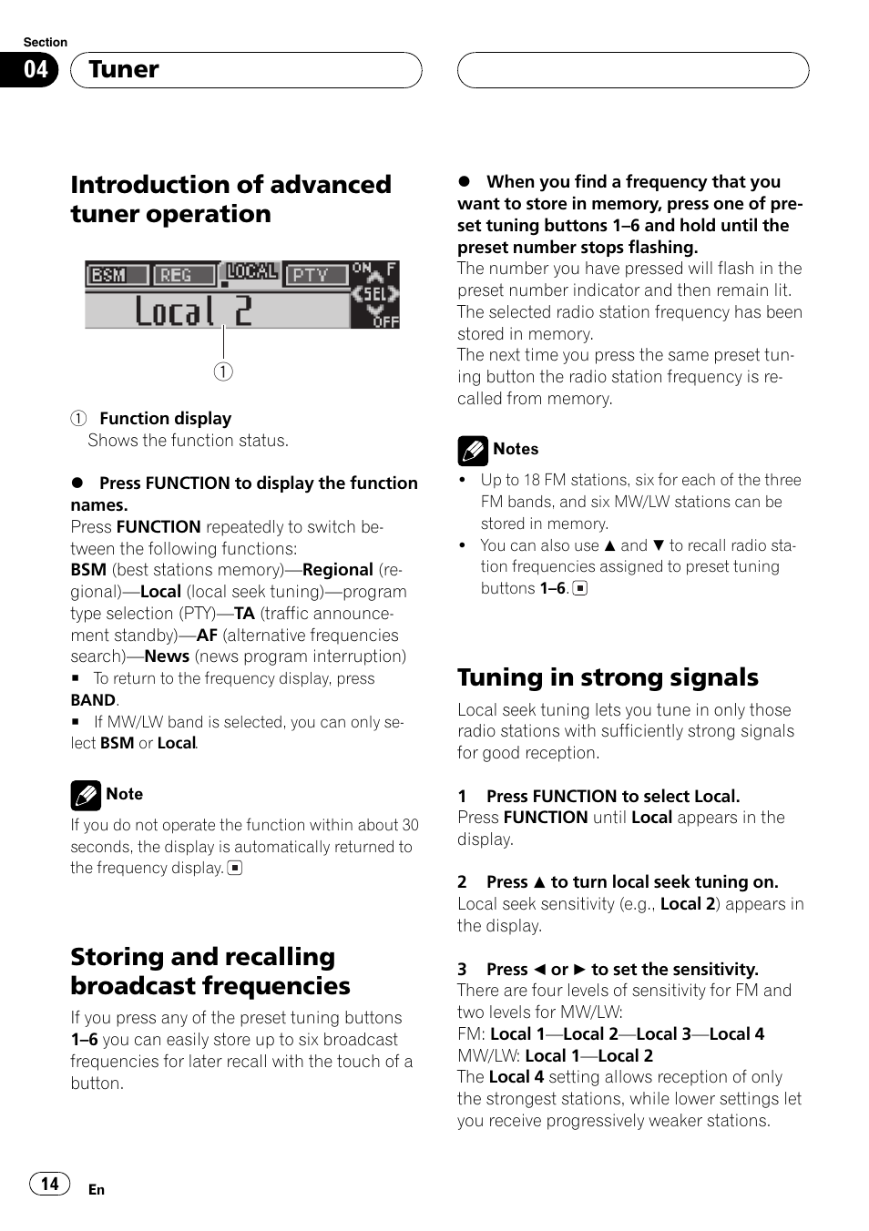 Introduction of advanced tuner, Operation 14, Storing and recalling broadcast | Frequencies 14, Tuning in strong signals 14, Introduction of advanced tuner operation, Storing and recalling broadcast frequencies, Tuning in strong signals, Tuner | Pioneer DEH-P6800MP User Manual | Page 14 / 123