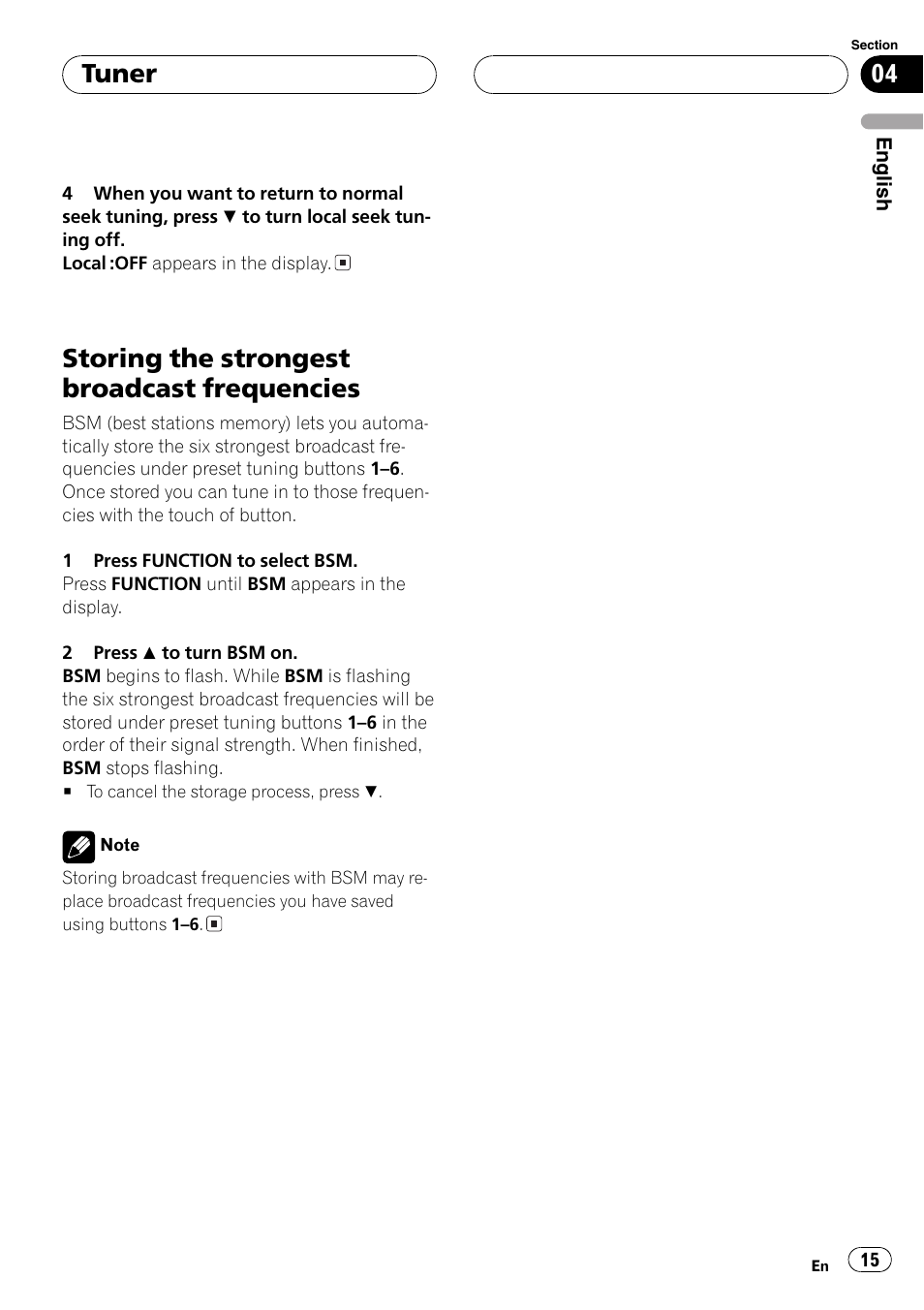 Storing the strongest broadcast, Frequencies 15, Storing the strongest broadcast frequencies | Tuner | Pioneer DEH-P6800MP User Manual | Page 15 / 123