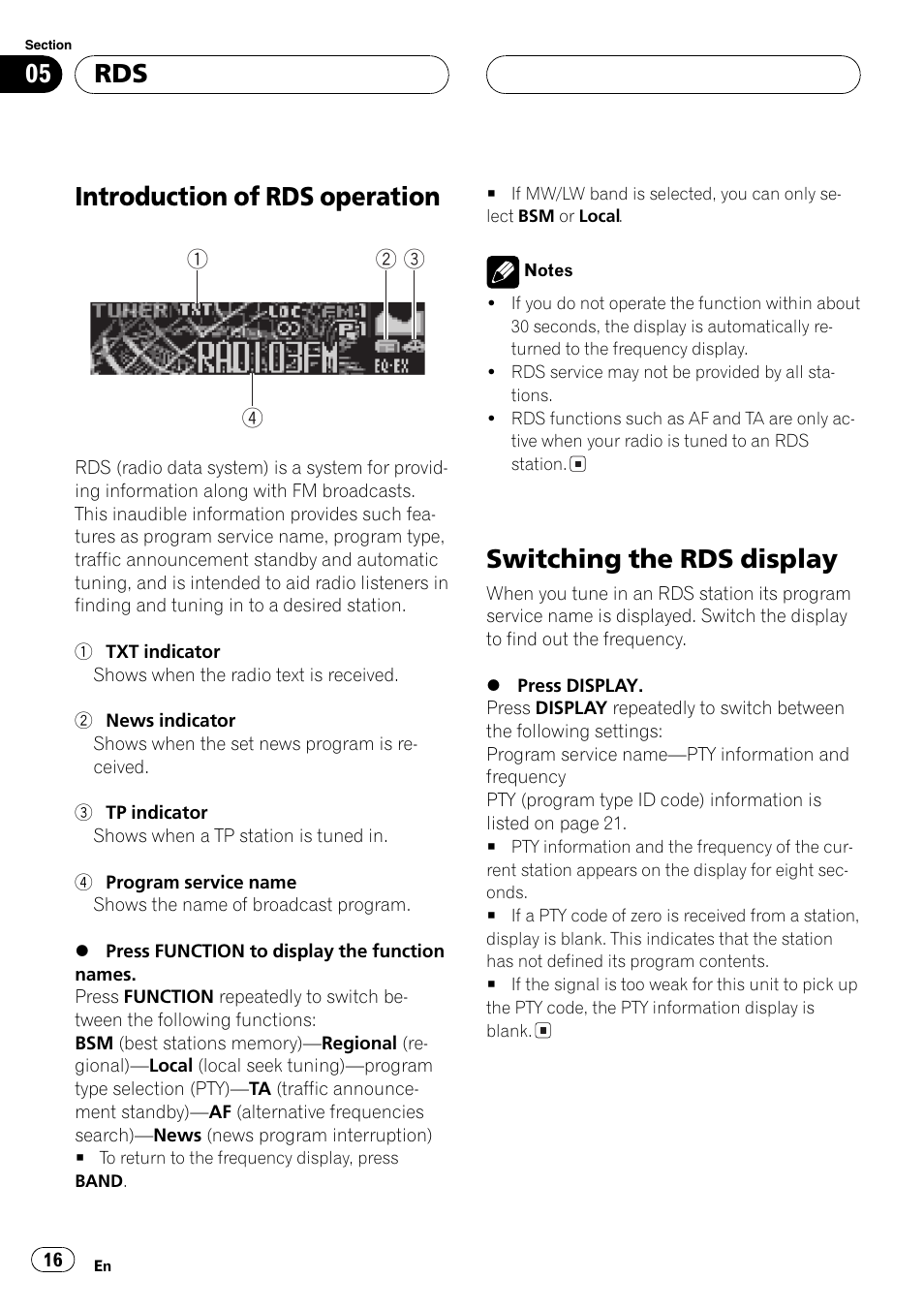 Introduction of rds operation, Switching the rds display | Pioneer DEH-P6800MP User Manual | Page 16 / 123