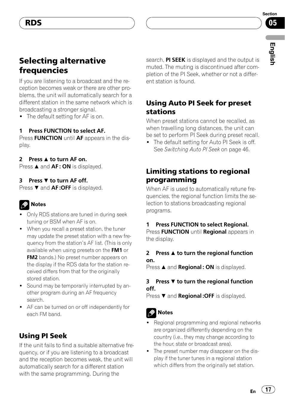 Selecting alternative frequencies 17, Using pi seek 17, Using auto pi seek for preset | Stations 17, Limiting stations to regional, Programming 17, Selecting alternative frequencies, Using pi seek, Using auto pi seek for preset stations, Limiting stations to regional programming | Pioneer DEH-P6800MP User Manual | Page 17 / 123