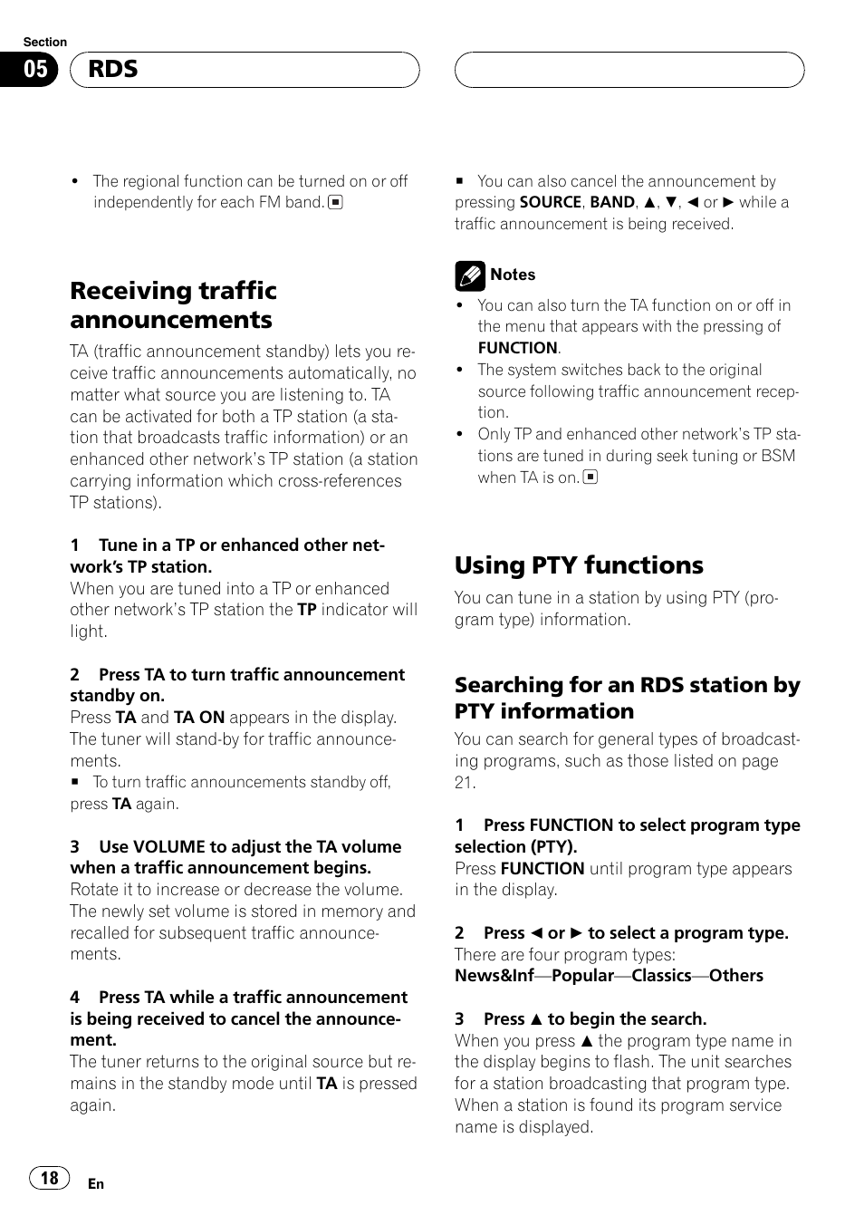 Searching for an rds station by pty, Information 18, Receiving traffic announcements | Using pty functions, Searching for an rds station by pty information | Pioneer DEH-P6800MP User Manual | Page 18 / 123