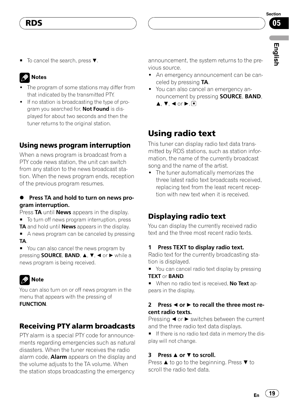 Using news program interruption 19, Receiving pty alarm broadcasts 19, Using radio text 19 | Displaying radio text 19, Using radio text, Using news program interruption, Receiving pty alarm broadcasts, Displaying radio text | Pioneer DEH-P6800MP User Manual | Page 19 / 123