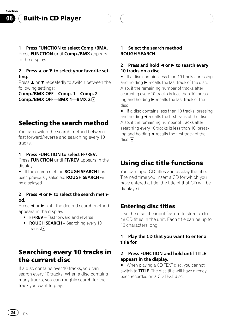 Disc 24, Using disc title functions 24, Entering disc titles 24 | Selecting the search method, Searching every 10 tracks in the current disc, Using disc title functions, Built-in cd player | Pioneer DEH-P6800MP User Manual | Page 24 / 123