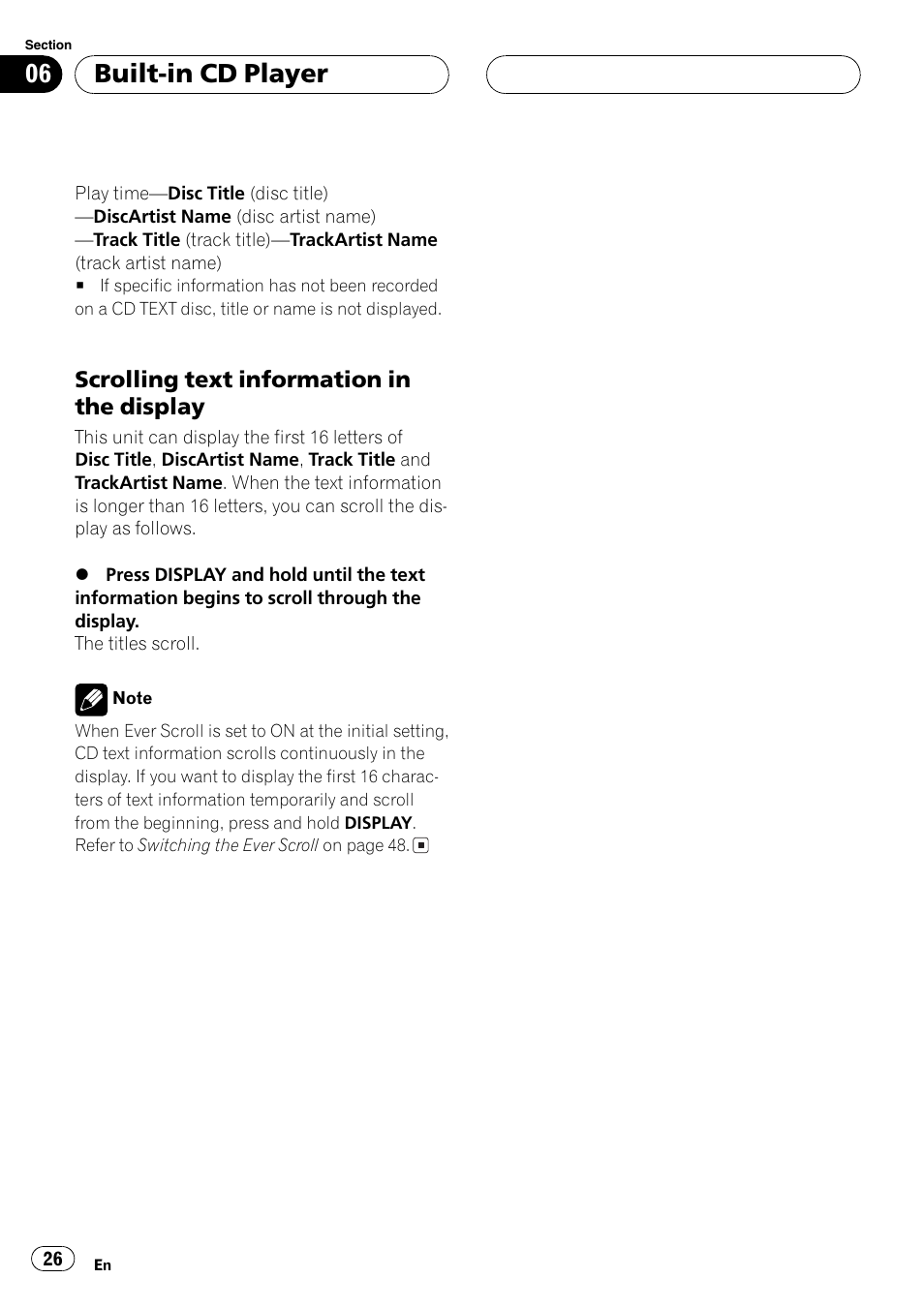 Scrolling text information in the, Display 26, Built-in cd player | Scrolling text information in the display | Pioneer DEH-P6800MP User Manual | Page 26 / 123