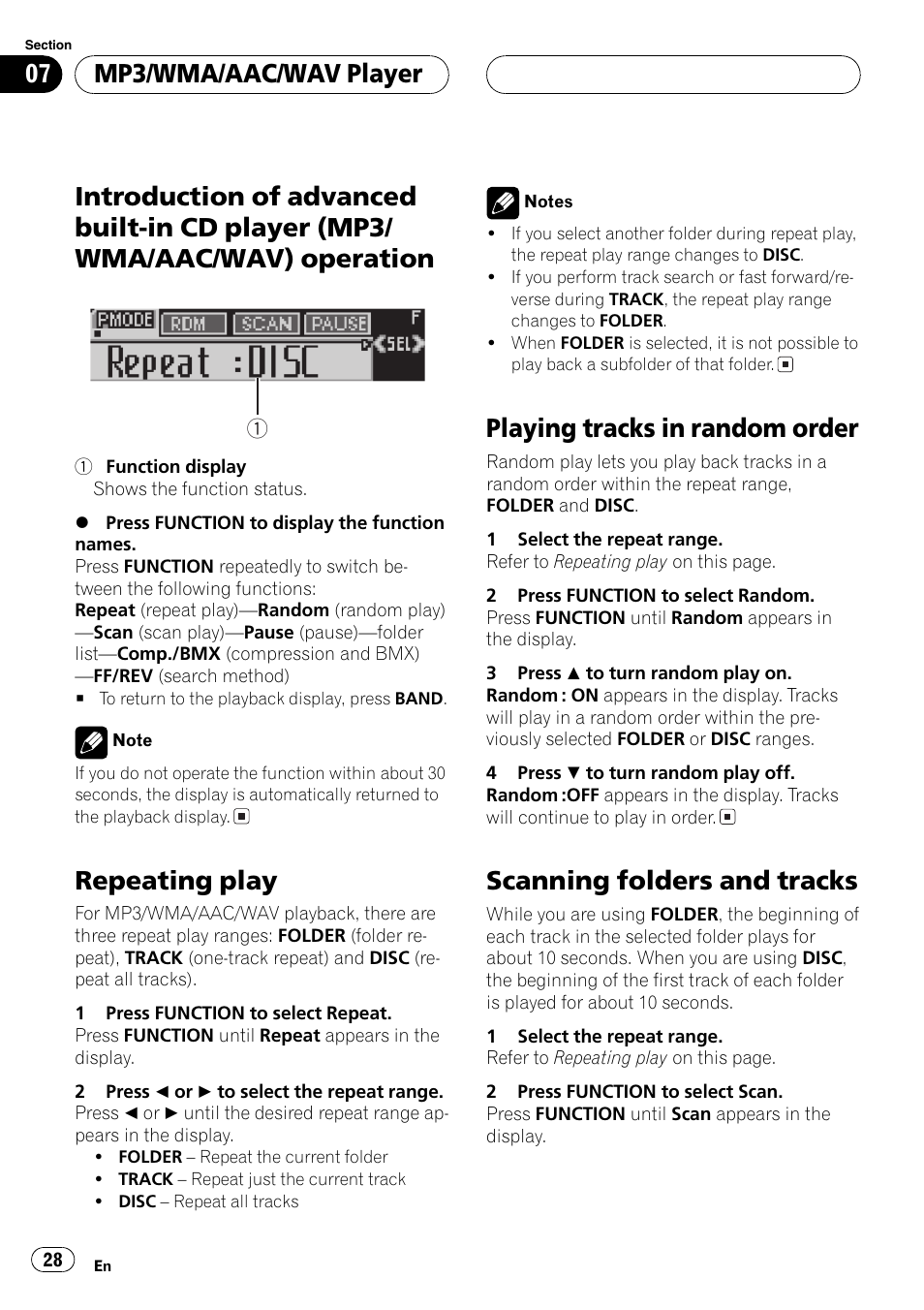 Introduction of advanced built-in cd player, Mp3/wma/aac/wav) operation 28, Repeating play | Playing tracks in random order, Scanning folders and tracks, Mp3/wma/aac/wav player | Pioneer DEH-P6800MP User Manual | Page 28 / 123