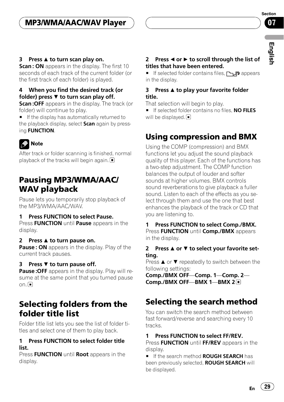 Selecting the, Pausing mp3/wma/aac/ wav playback, Selecting folders from the folder title list | Using compression and bmx, Selecting the search method, Mp3/wma/aac/wav player | Pioneer DEH-P6800MP User Manual | Page 29 / 123