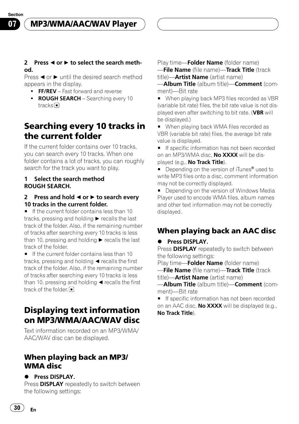 Searching every 10 tracks in the current, Folder 30, Displaying text information on mp3/wma | Aac/wav disc 30, When playing back an mp3/wma, Disc 30, When playing back an aac disc 30, Searching every 10 tracks in the current folder, Mp3/wma/aac/wav player, When playing back an mp3/ wma disc | Pioneer DEH-P6800MP User Manual | Page 30 / 123