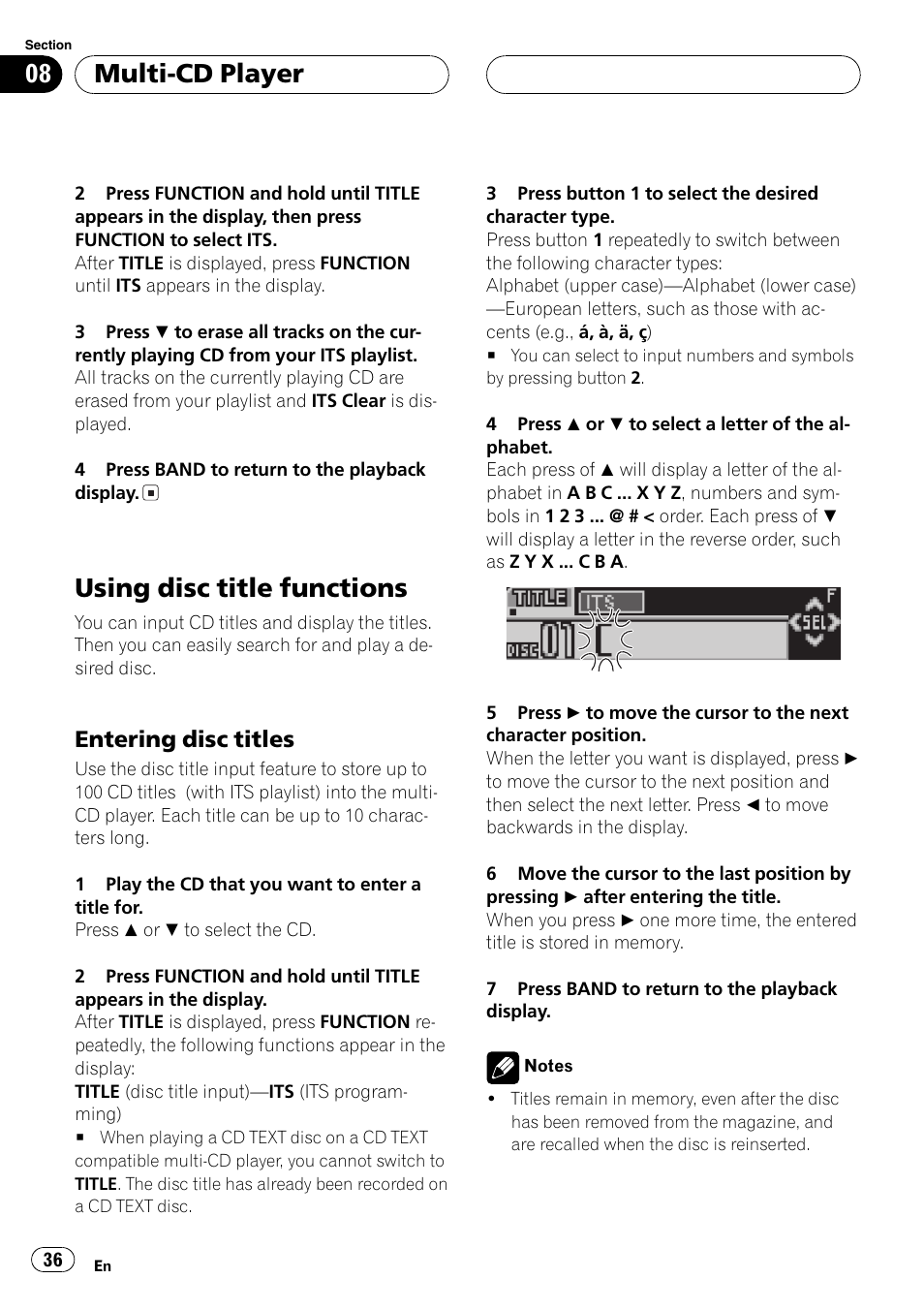 Using disc title functions 36, Entering disc titles 36, Using disc title functions | Multi-cd player, Entering disc titles | Pioneer DEH-P6800MP User Manual | Page 36 / 123