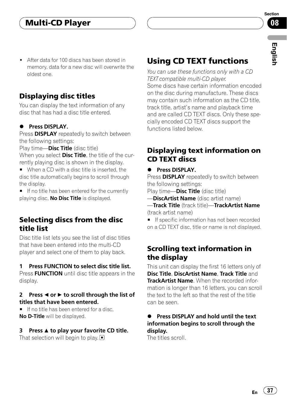 Displaying disc titles 37, Selecting discs from the disc title, List 37 | Using cd text functions 37, Displaying text information on cd, Text discs 37, Scrolling text information in the, Display 37, Selecting discs from the disc title list on, Using cd text functions | Pioneer DEH-P6800MP User Manual | Page 37 / 123