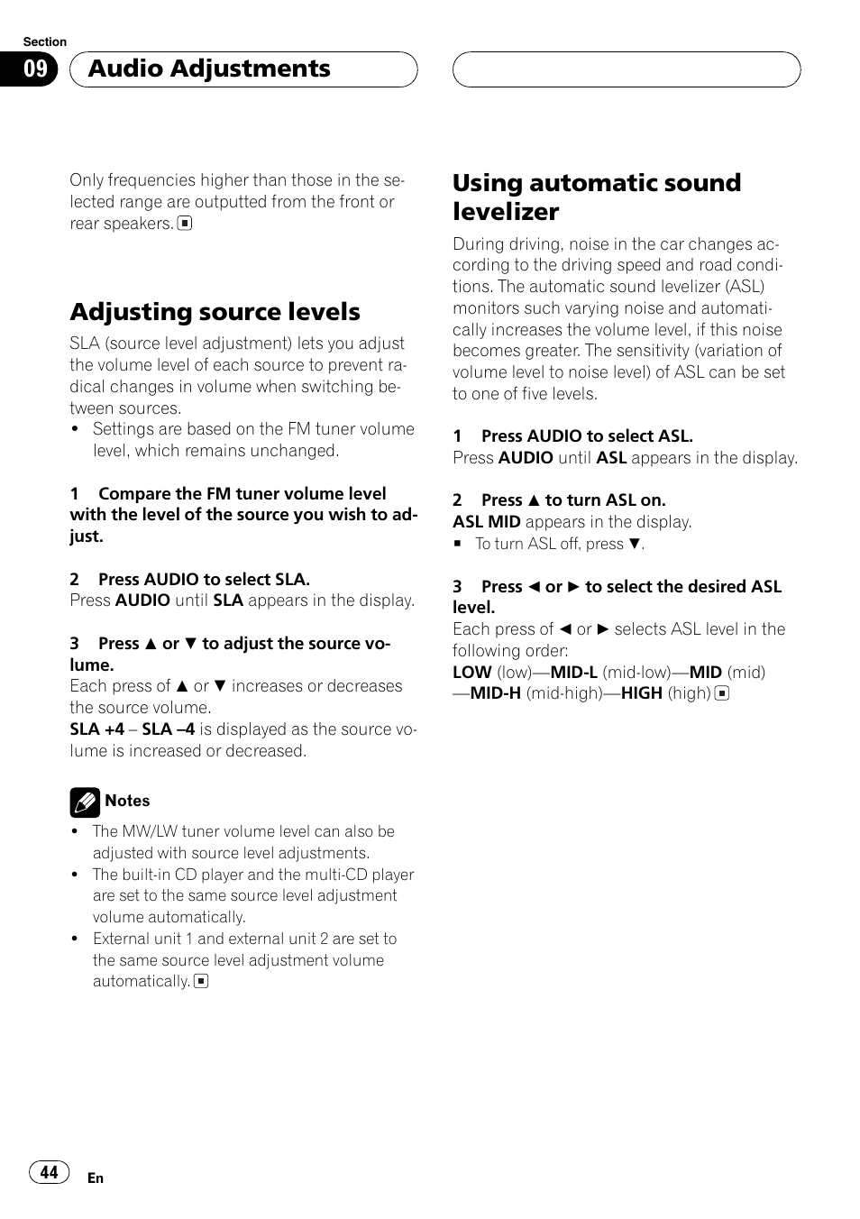 Adjusting source levels, Using automatic sound levelizer, Audio adjustments | Pioneer DEH-P6800MP User Manual | Page 44 / 123
