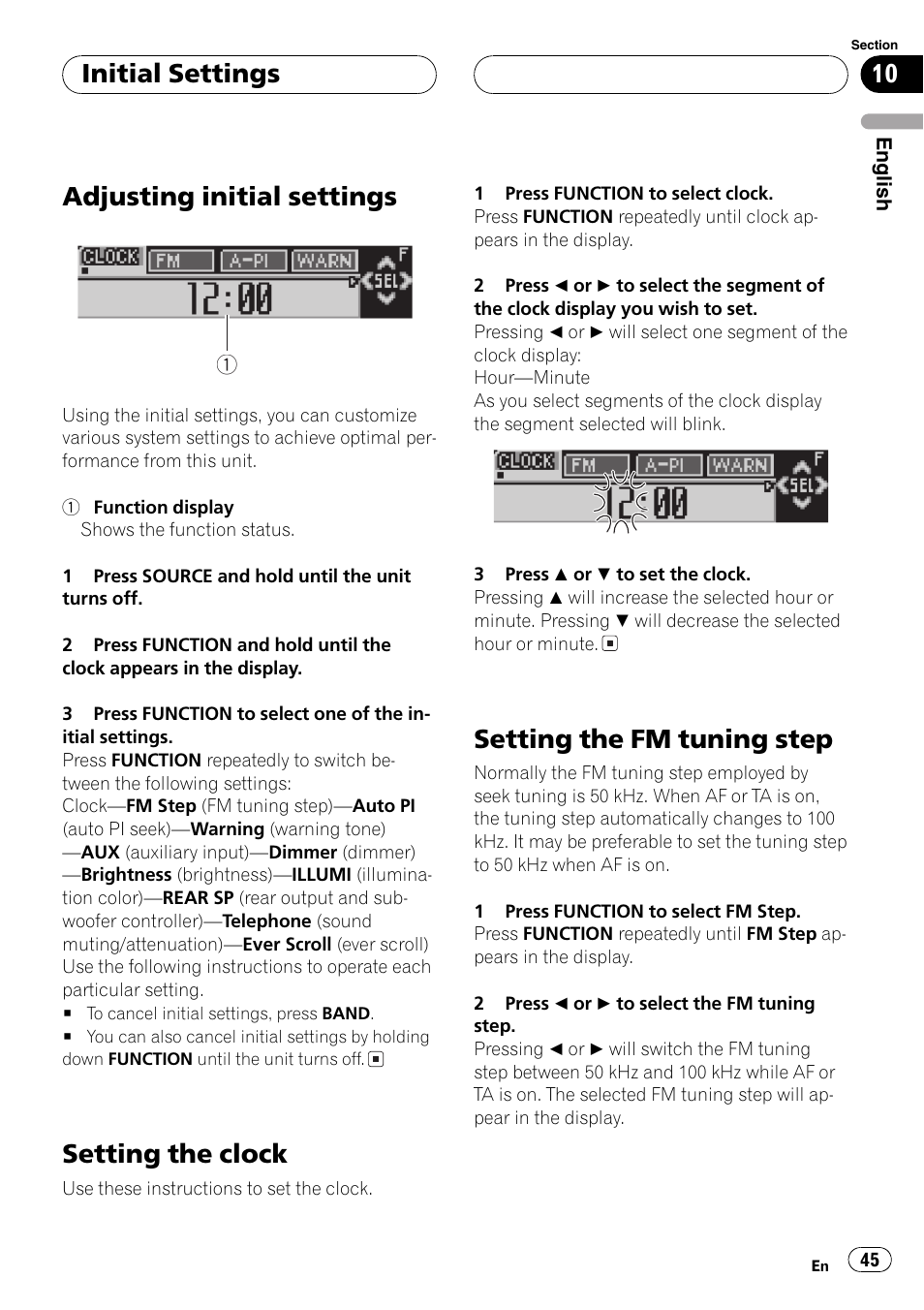 Setting the fm tuning step 45, Adjusting initial settings, Setting the clock | Setting the fm tuning step, Initial settings | Pioneer DEH-P6800MP User Manual | Page 45 / 123