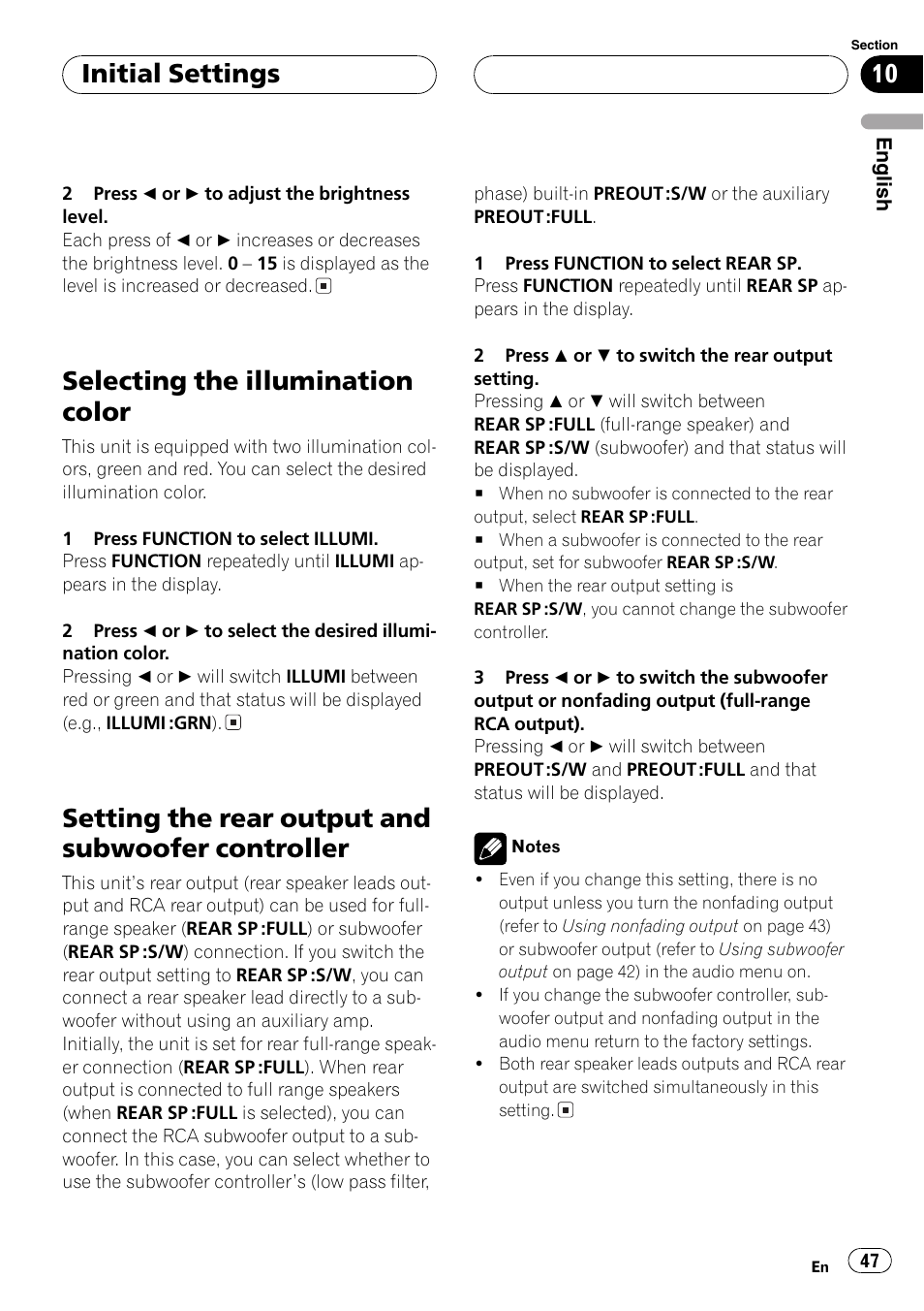 Controller 47, Selecting the illumination color, Setting the rear output and subwoofer controller | Initial settings | Pioneer DEH-P6800MP User Manual | Page 47 / 123