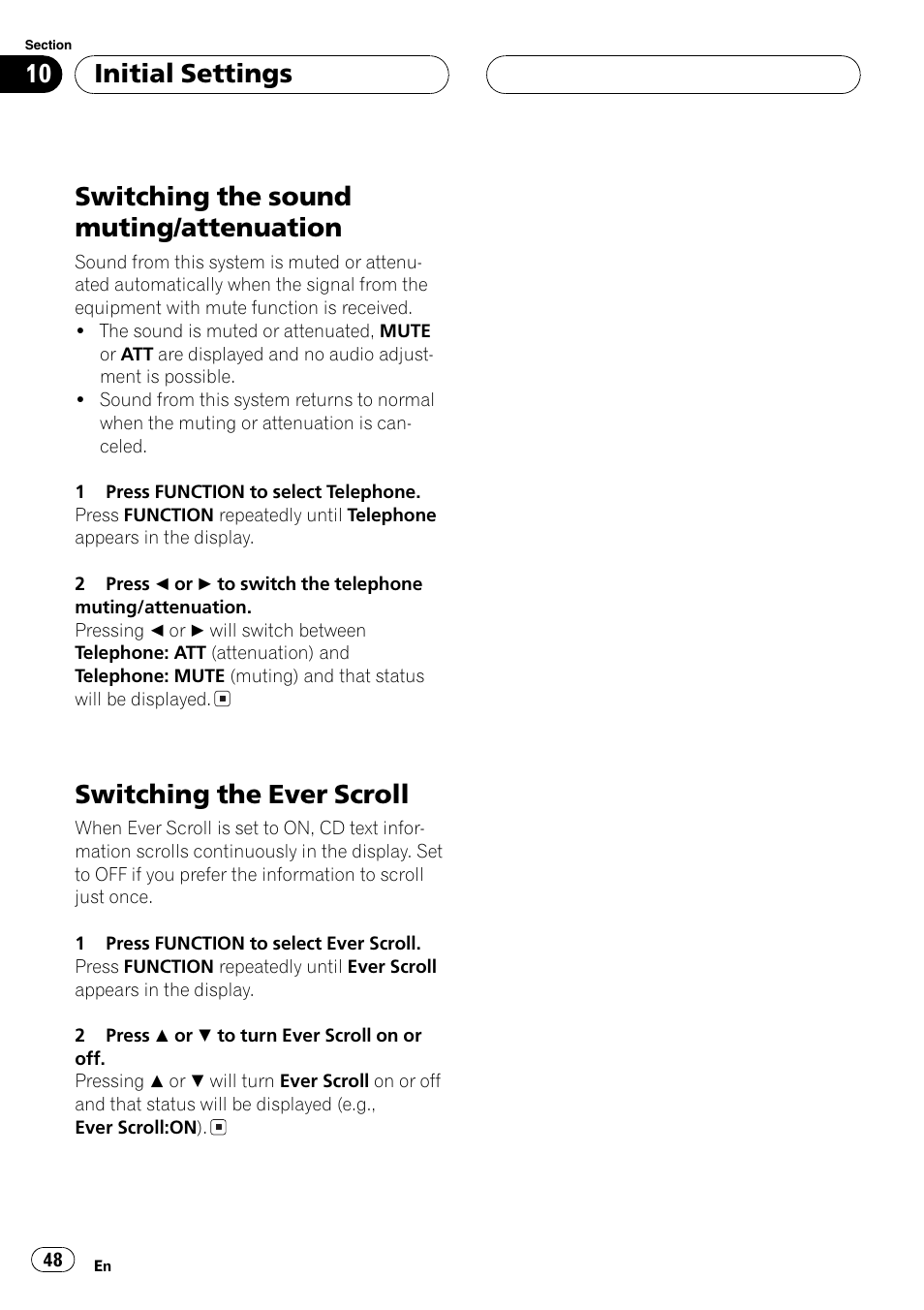 Switching the sound muting/attenuation, Switching the ever scroll, Initial settings | Pioneer DEH-P6800MP User Manual | Page 48 / 123