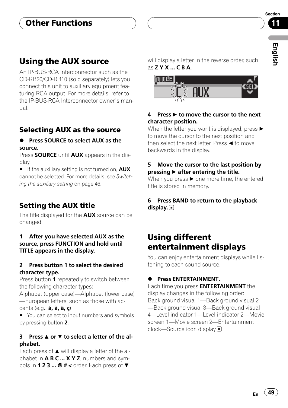 Other functions using the aux source 49, Selecting aux as the source 49, Setting the aux title 49 | Using different entertainment displays 49, Using the aux source, Using different entertainment displays, Other functions | Pioneer DEH-P6800MP User Manual | Page 49 / 123