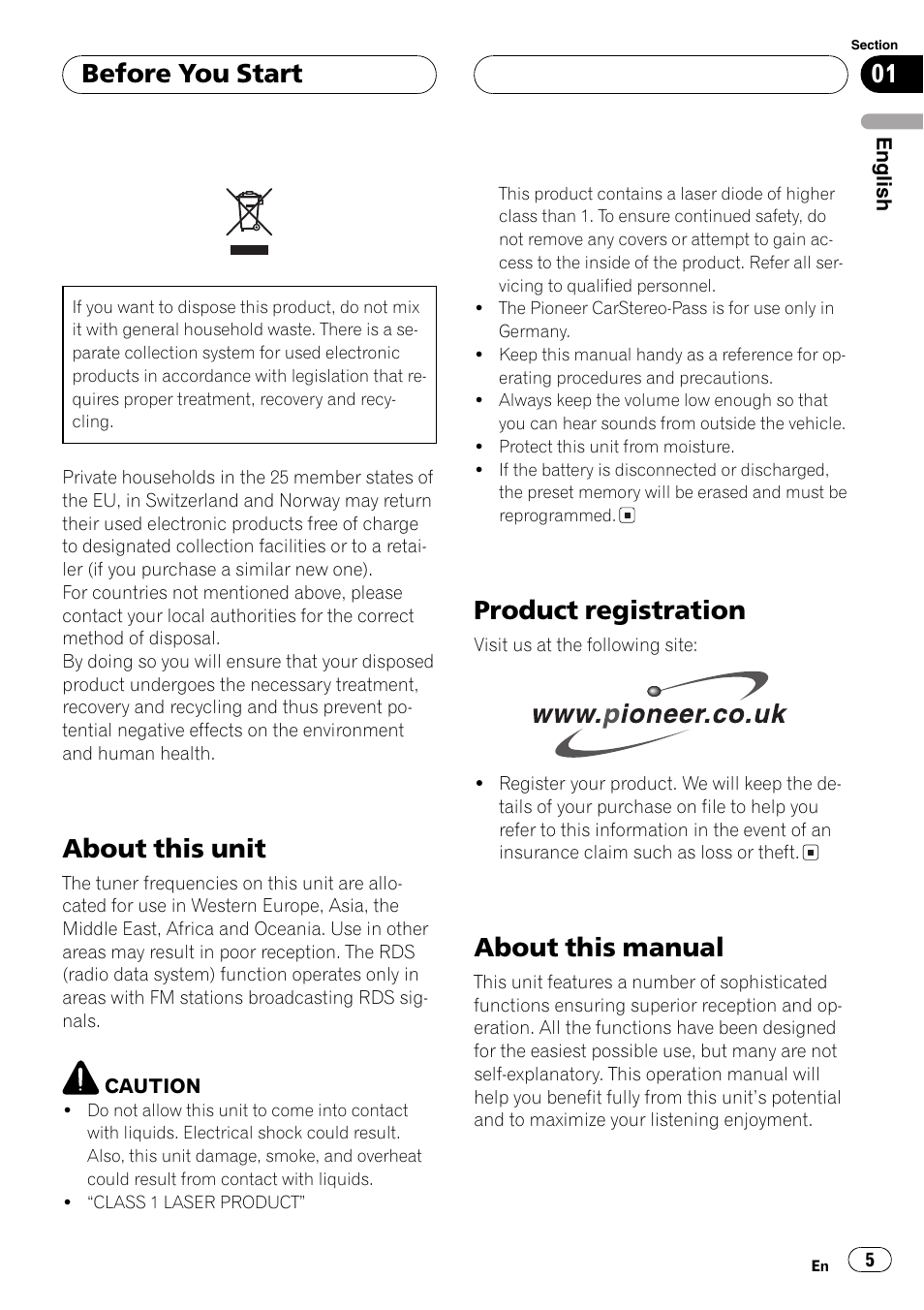 About this unit, Product registration, About this manual | Before you start | Pioneer DEH-P6800MP User Manual | Page 5 / 123