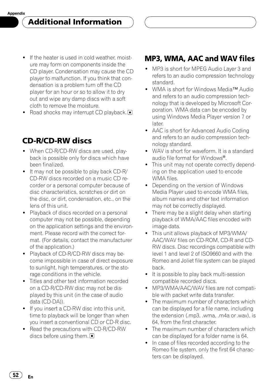 Cd-r/cd-rw discs 52 mp3, wma, aac and wav files 52, Cd-r/cd-rwdiscs, Mp3, wma, aac and wav files | Additional information | Pioneer DEH-P6800MP User Manual | Page 52 / 123