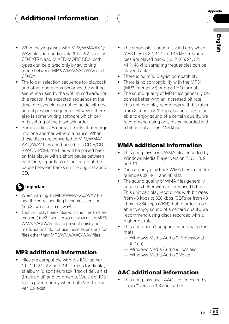 Mp3 additional information 53, Wma additional information 53, Aac additional information 53 | Additional information, Mp3 additional information, Wma additional information, Aac additional information | Pioneer DEH-P6800MP User Manual | Page 53 / 123