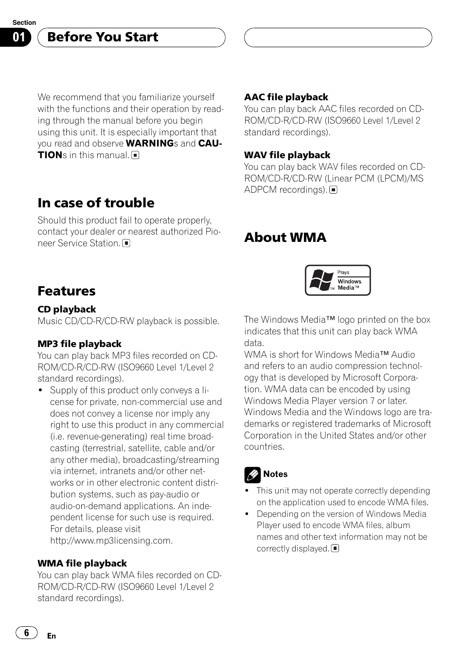 In case of trouble 6 features 6 about wma 6, Features, About wma | Before you start | Pioneer DEH-P6800MP User Manual | Page 6 / 123