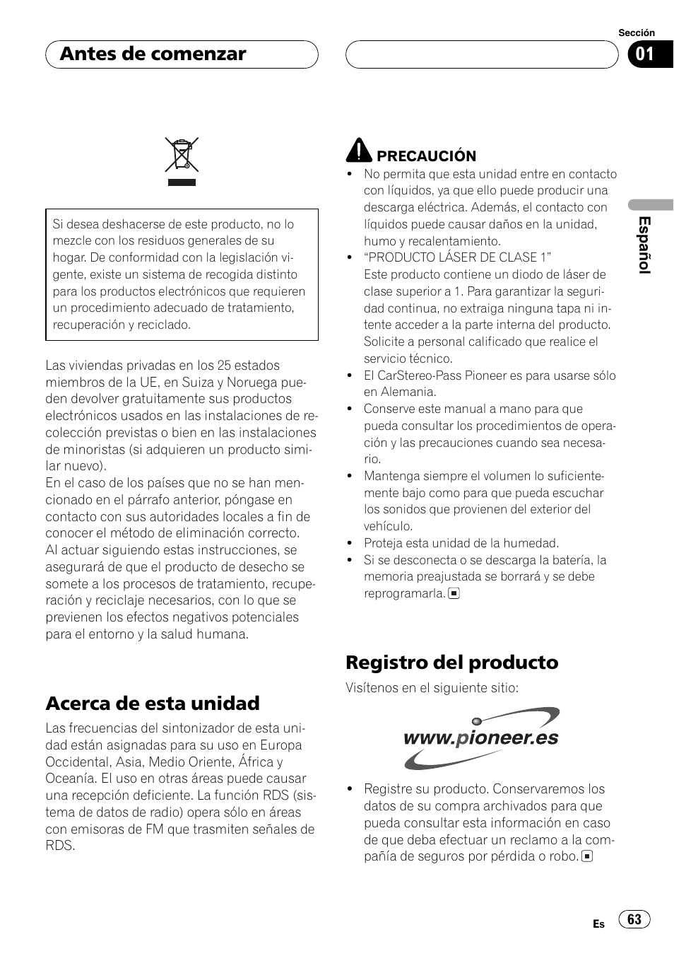 Antes de comenzar acerca de esta unidad 63, Registro del producto 63, Acerca de esta unidad | Registro del producto, Antes de comenzar | Pioneer DEH-P6800MP User Manual | Page 63 / 123