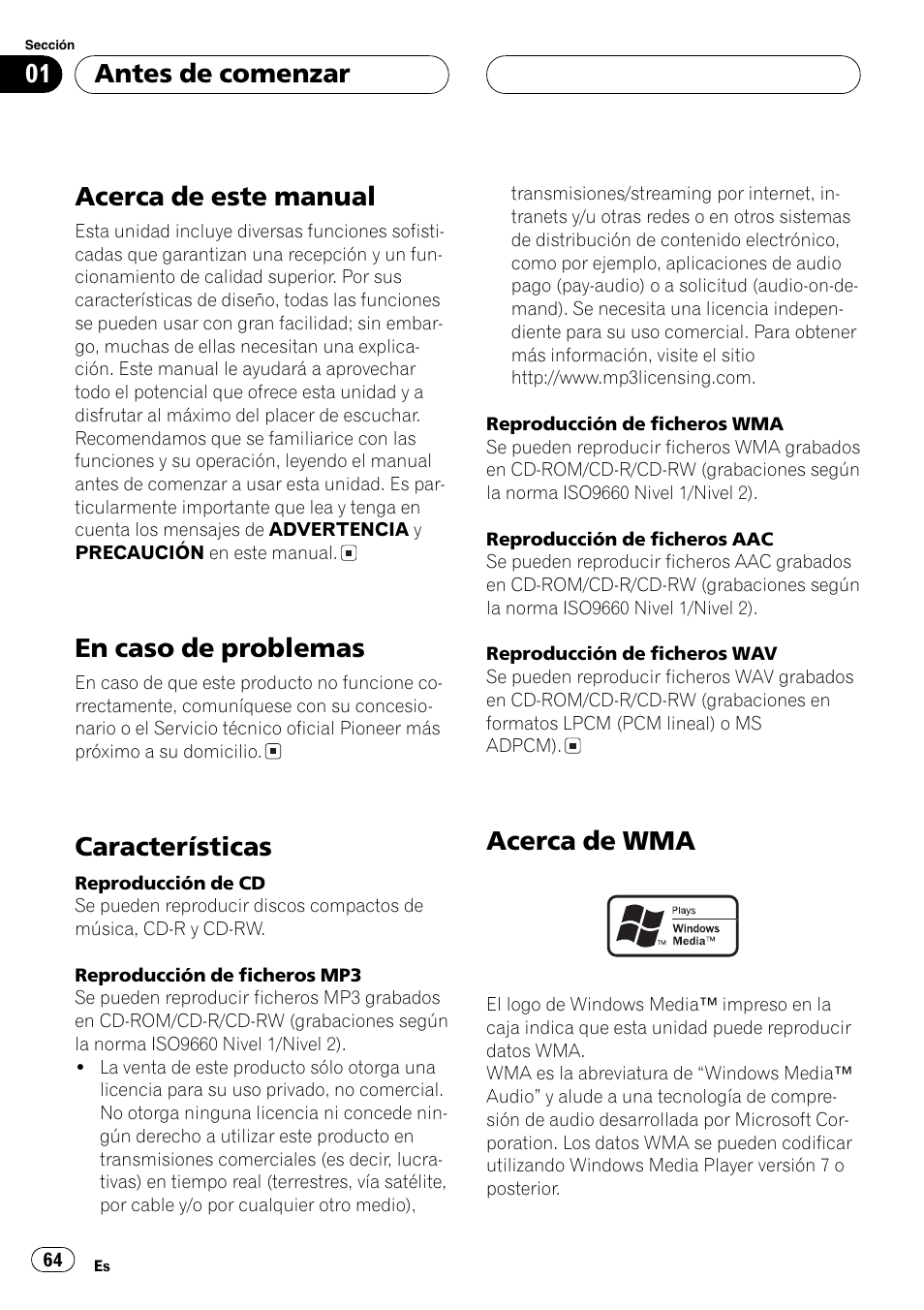 Acerca de este manual 64, En caso de problemas 64, Características 64 | Acerca de wma 64, Acerca de este manual, En caso de problemas, Características, Acerca de wma, Antes de comenzar | Pioneer DEH-P6800MP User Manual | Page 64 / 123