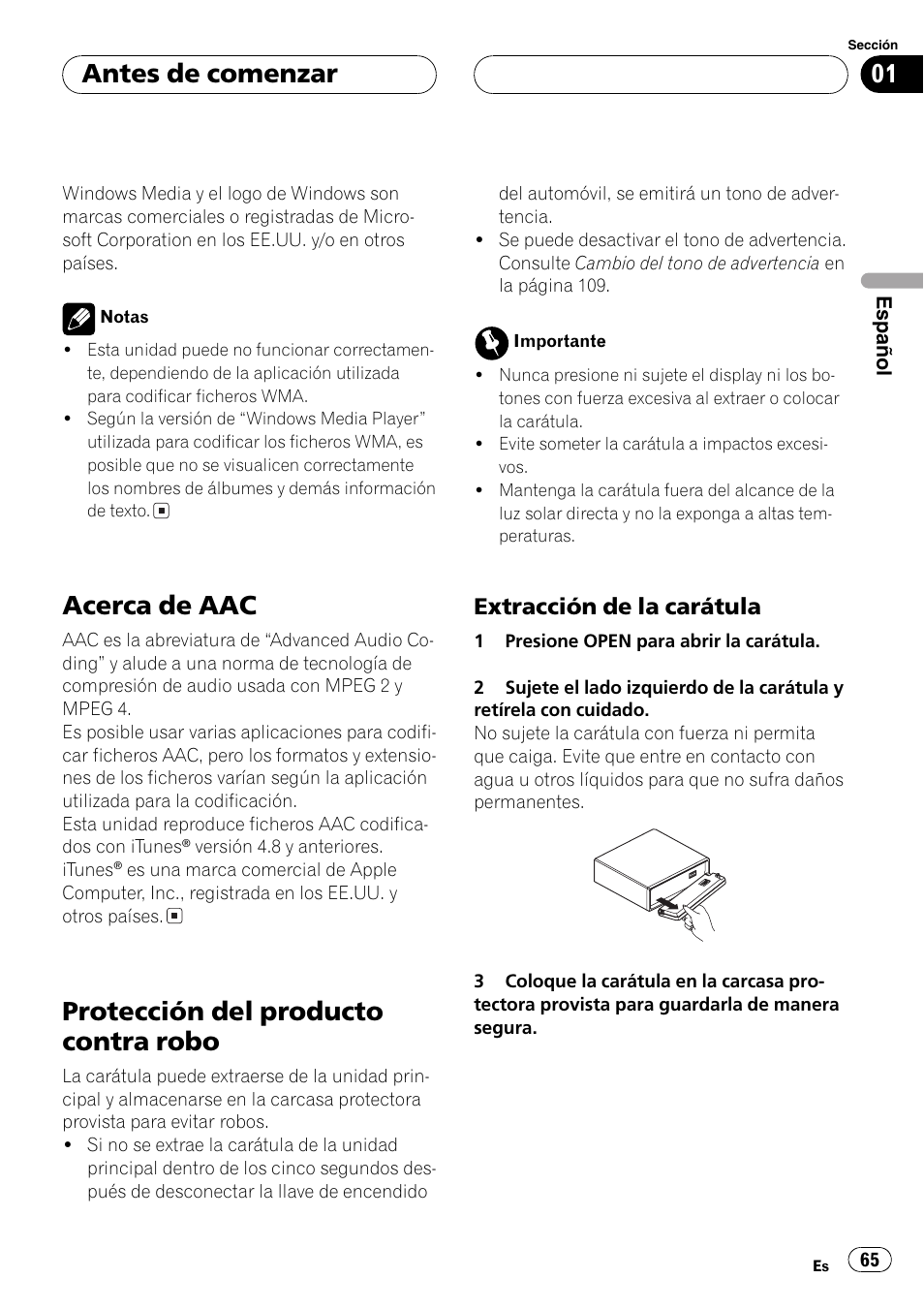Acerca de aac 65, Protección del producto contra robo 65, Extracción de la carátula 65 | Acerca de aac, Protección del producto contra robo, Antes de comenzar, Extracción de la carátula | Pioneer DEH-P6800MP User Manual | Page 65 / 123