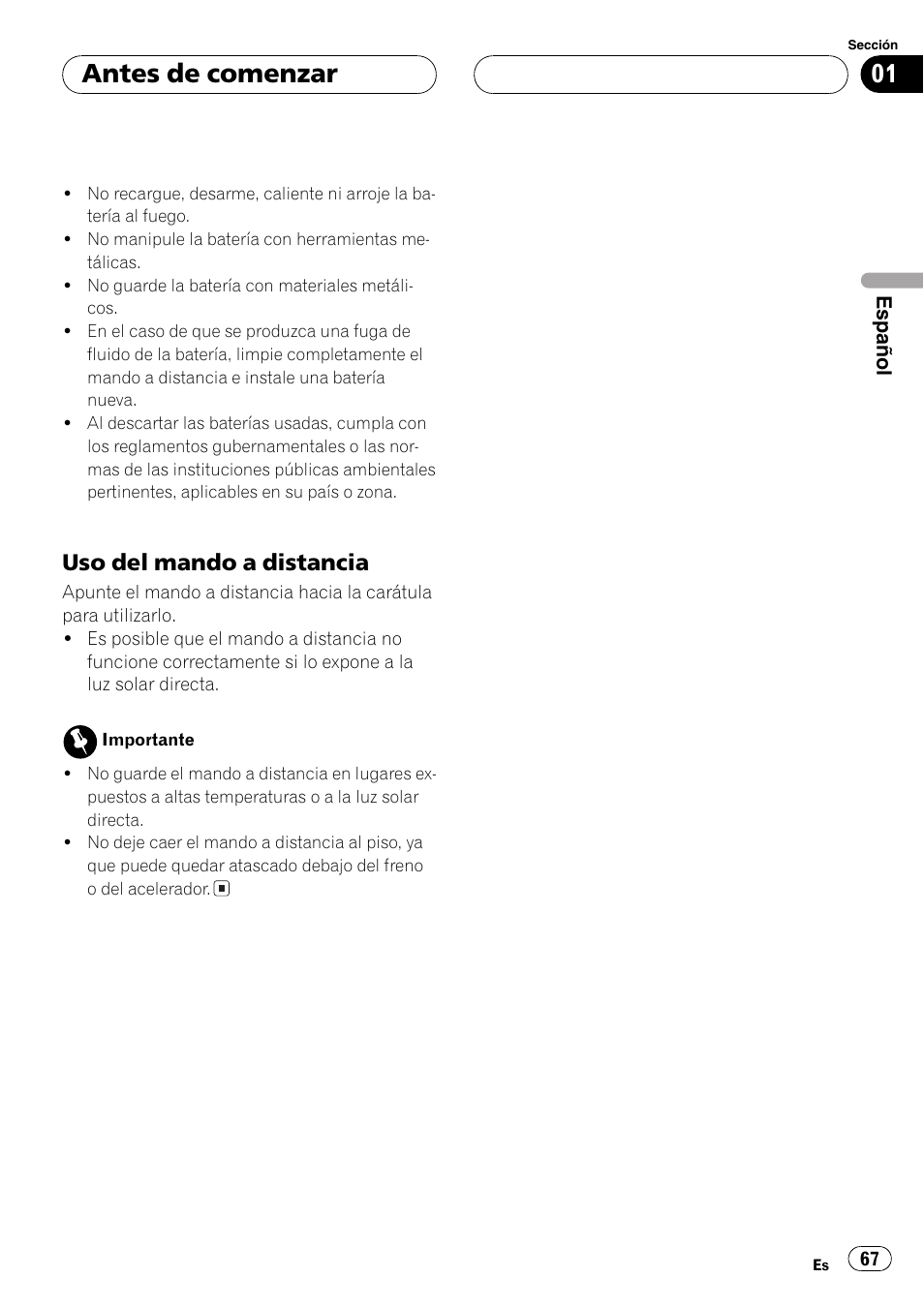 Uso del mando a distancia 67, Antes de comenzar, Uso del mando a distancia | Pioneer DEH-P6800MP User Manual | Page 67 / 123