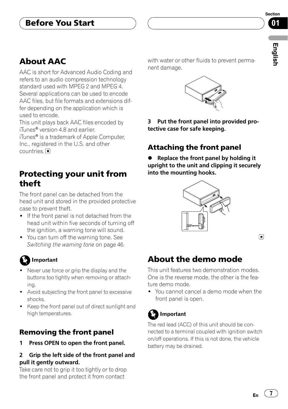 About aac 7 protecting your unit from theft 7, Removing the front panel 7, Attaching the front panel 7 | About the demo mode 7, About aac, Protecting your unit from theft, About the demo mode, Before you start, Removing the front panel, Attaching the front panel | Pioneer DEH-P6800MP User Manual | Page 7 / 123