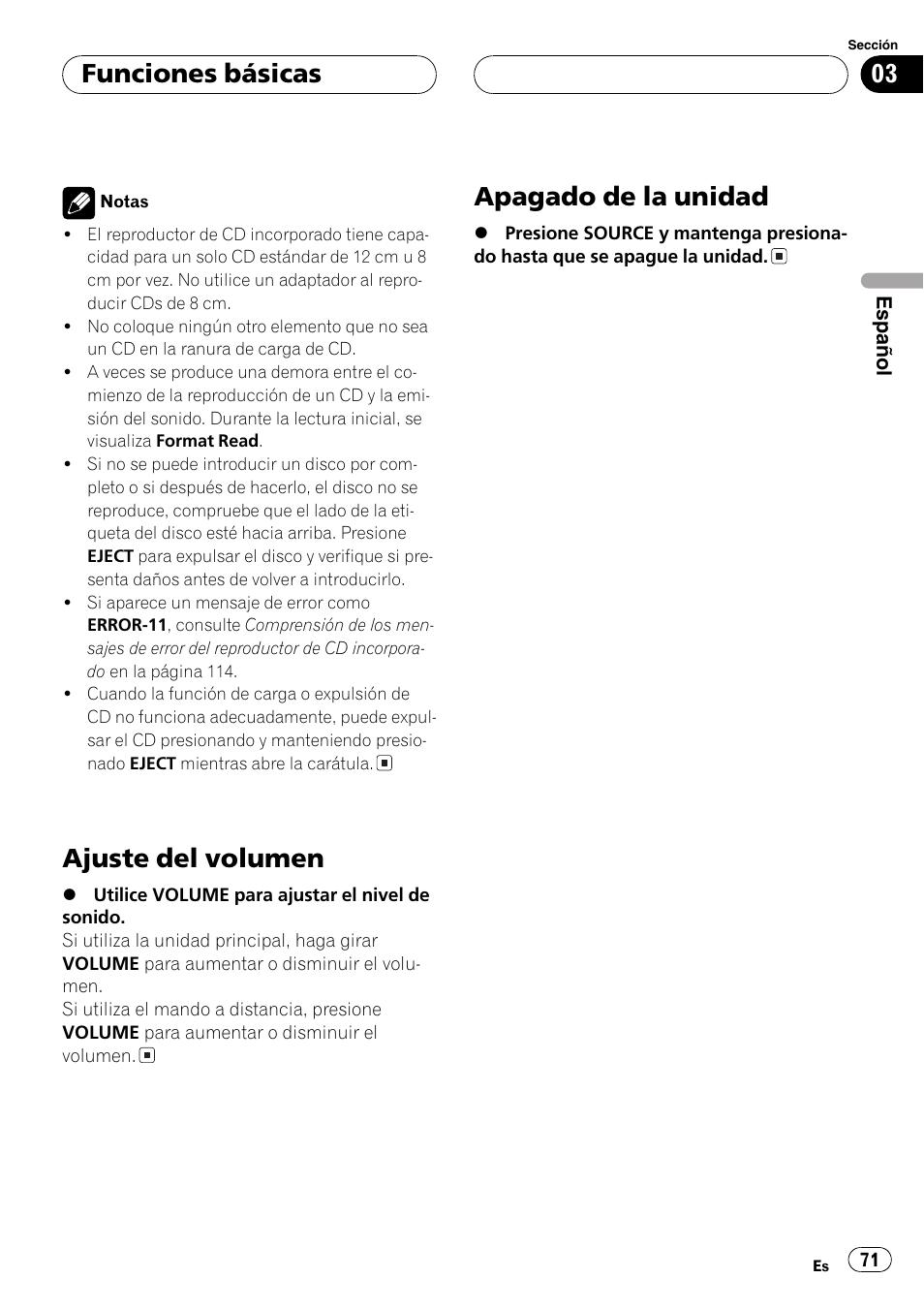 Ajuste del volumen 71, Apagado de la unidad 71, Ajuste del volumen | Apagado de la unidad, Funciones básicas | Pioneer DEH-P6800MP User Manual | Page 71 / 123