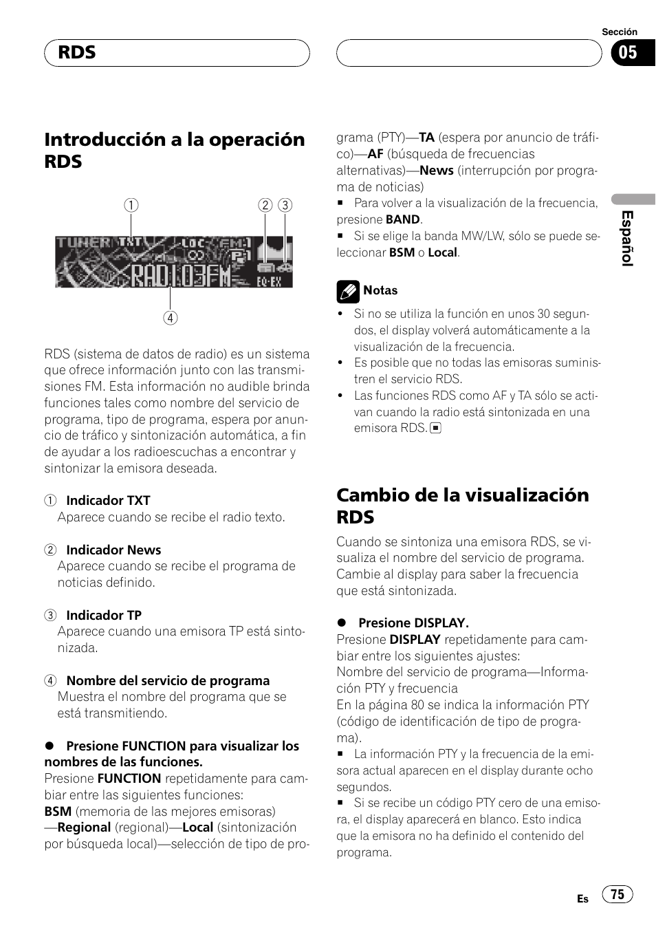 Introducción a la operación rds 75, Cambio de la visualización rds 75, Introducción a la operación rds | Cambio de la visualización rds | Pioneer DEH-P6800MP User Manual | Page 75 / 123