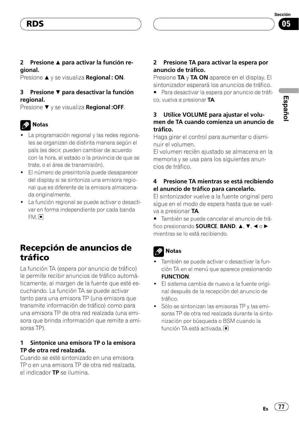 Recepción de anuncios de tráfico 77, Recepción de anuncios de tráfico | Pioneer DEH-P6800MP User Manual | Page 77 / 123
