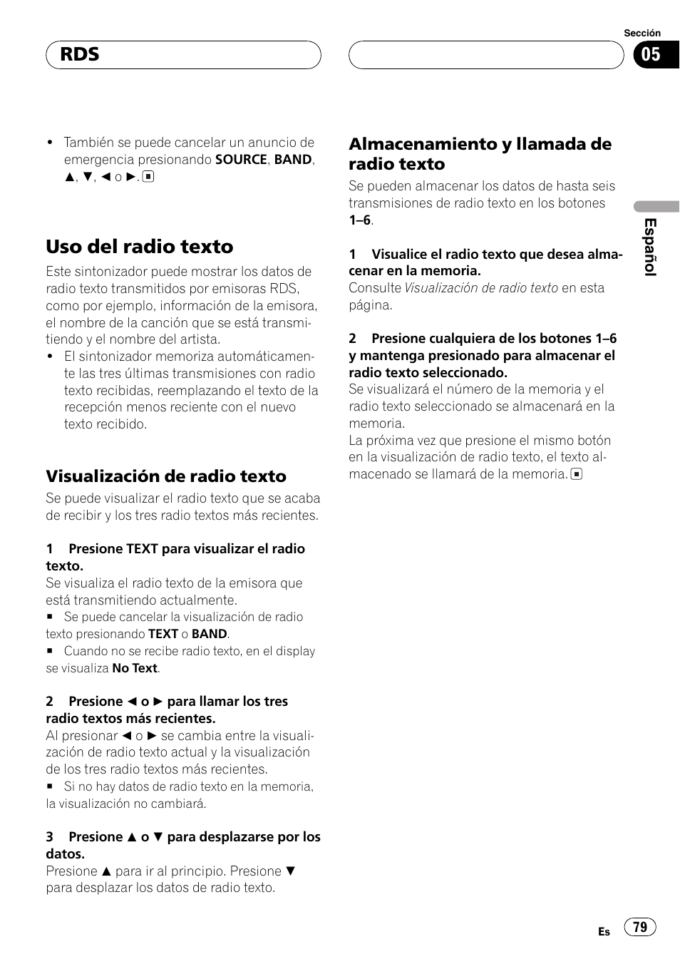 Uso del radio texto 79, Visualización de radio texto 79, Almacenamiento y llamada de radio | Texto 79, Uso del radio texto, Visualización de radio texto, Almacenamiento y llamada de radio texto | Pioneer DEH-P6800MP User Manual | Page 79 / 123