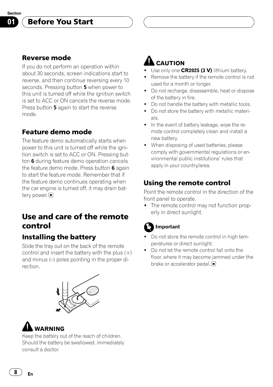 Reverse mode 8, Feature demo mode 8, Use and care of the remote control 8 | Installing the battery 8, Using the remote control 8, Use and care of the remote control, Before you start, Reverse mode, Feature demo mode, Installing the battery | Pioneer DEH-P6800MP User Manual | Page 8 / 123