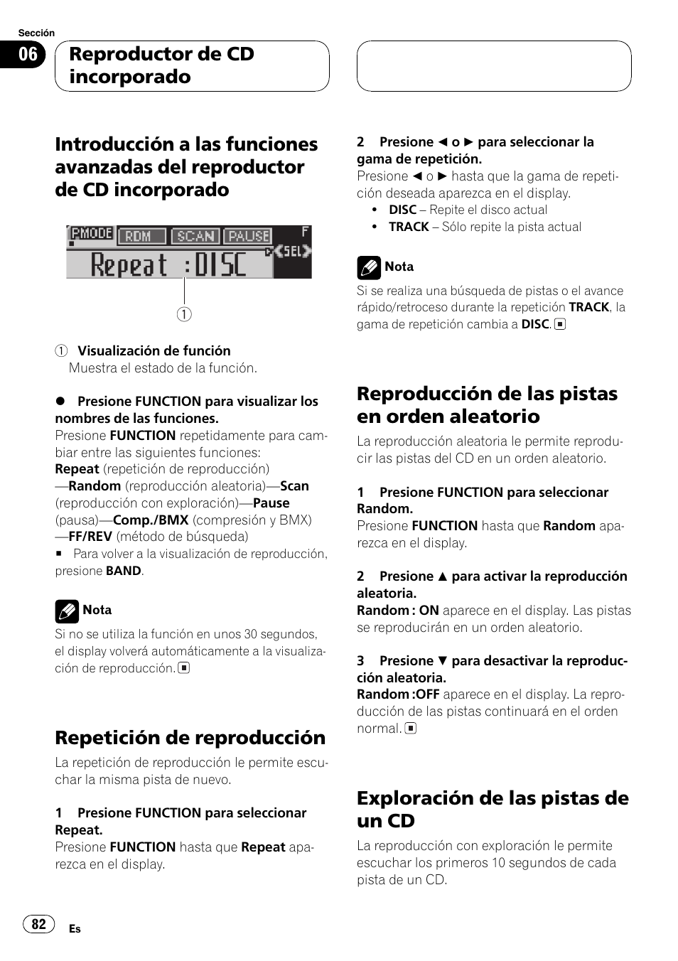 Introducción a las funciones avanzadas del, Reproductor de cd incorporado 82, Repetición de reproducción 82 | Reproducción de las pistas en orden, Aleatorio 82, Exploración de las pistas de un cd 82, Guiente, Repetición de reproducción, Reproducción de las pistas en orden aleatorio, Exploración de las pistas de un cd | Pioneer DEH-P6800MP User Manual | Page 82 / 123