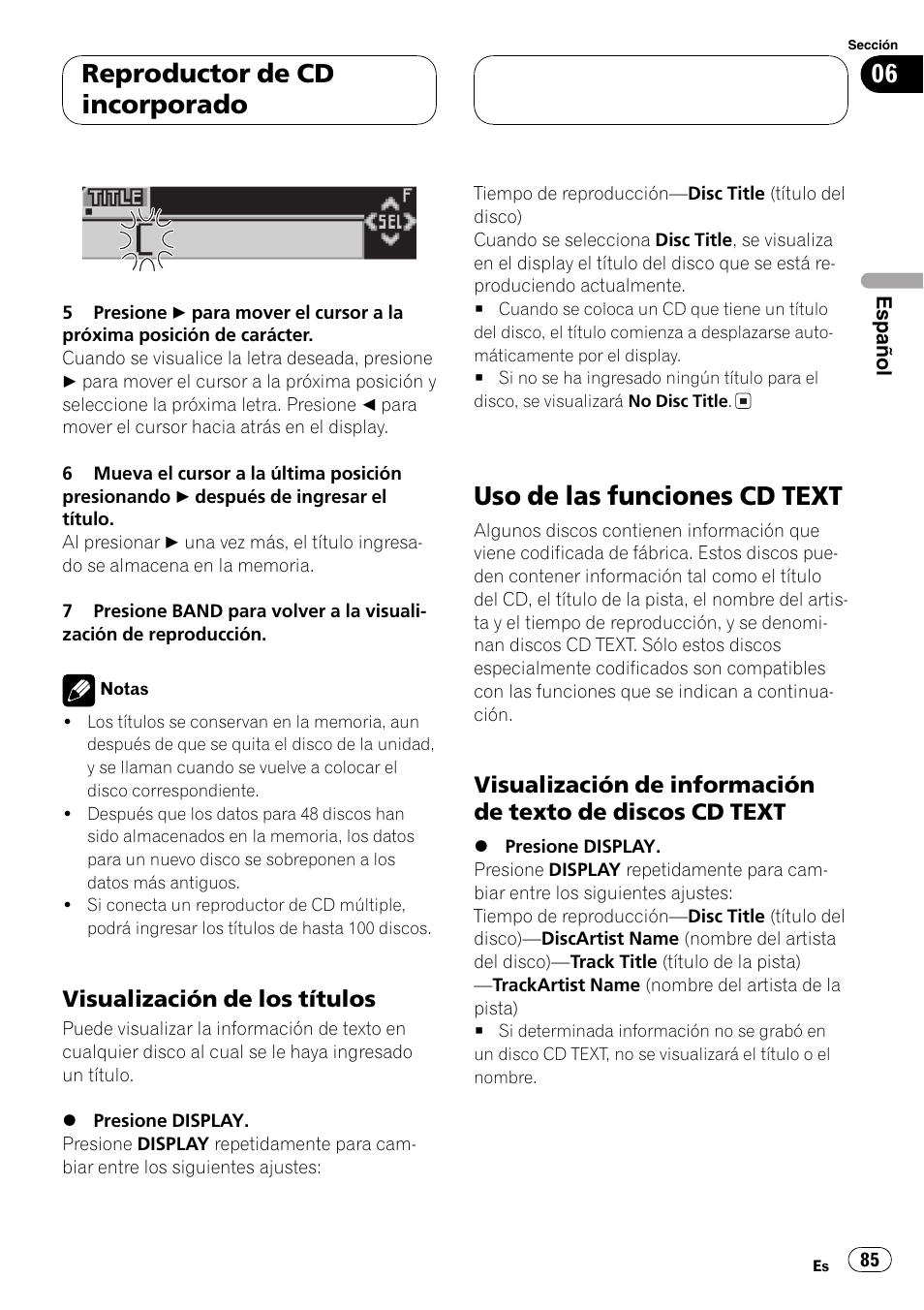 Visualización de los títulos 85, Uso de las funciones cd text 85, Visualización de información de texto | De discos cd text 85, Uso de las funciones cd text, Reproductor de cd incorporado, Visualización de los títulos | Pioneer DEH-P6800MP User Manual | Page 85 / 123