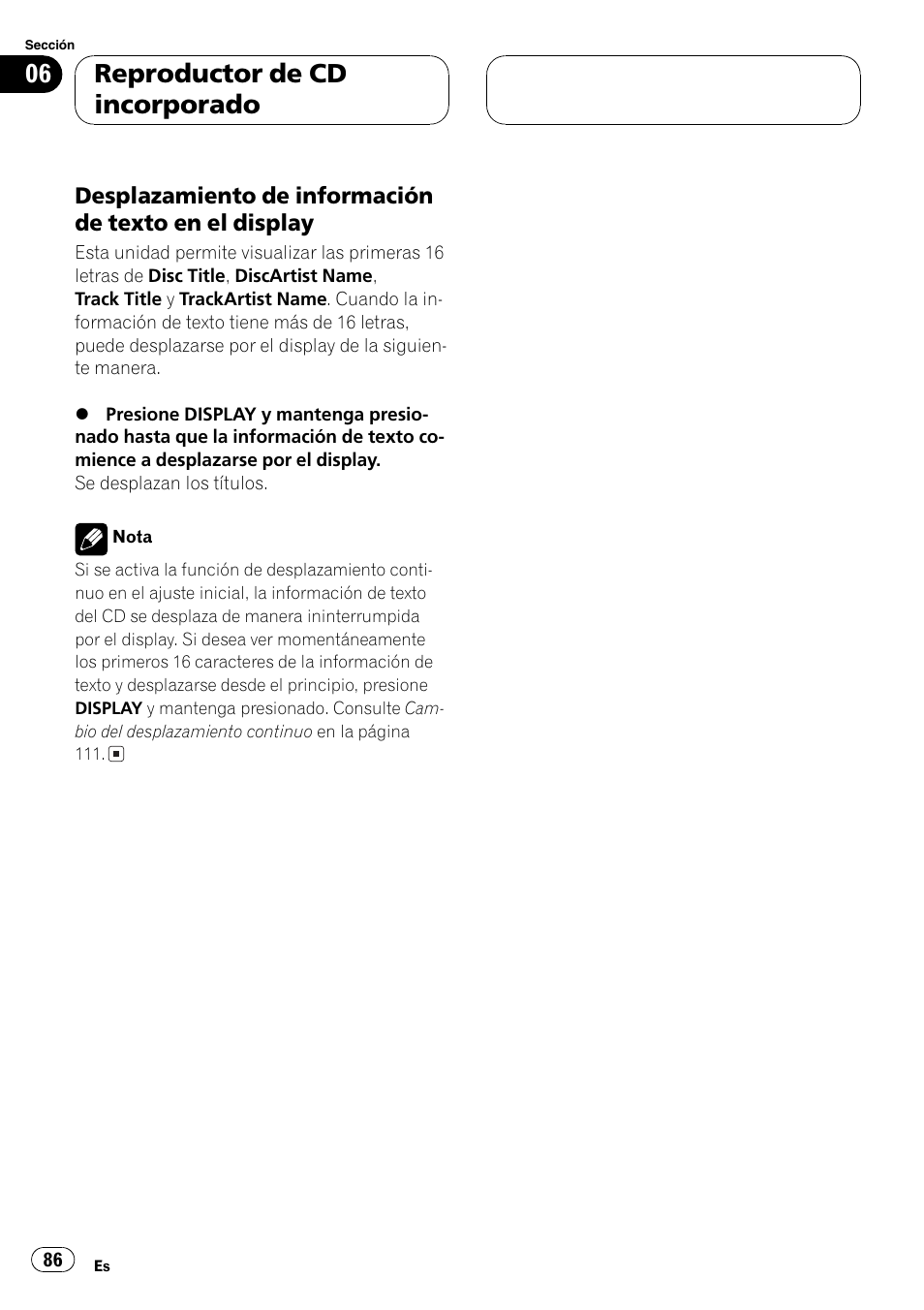 Desplazamiento de información de, Texto en el display 86, Reproductor de cd incorporado | Pioneer DEH-P6800MP User Manual | Page 86 / 123