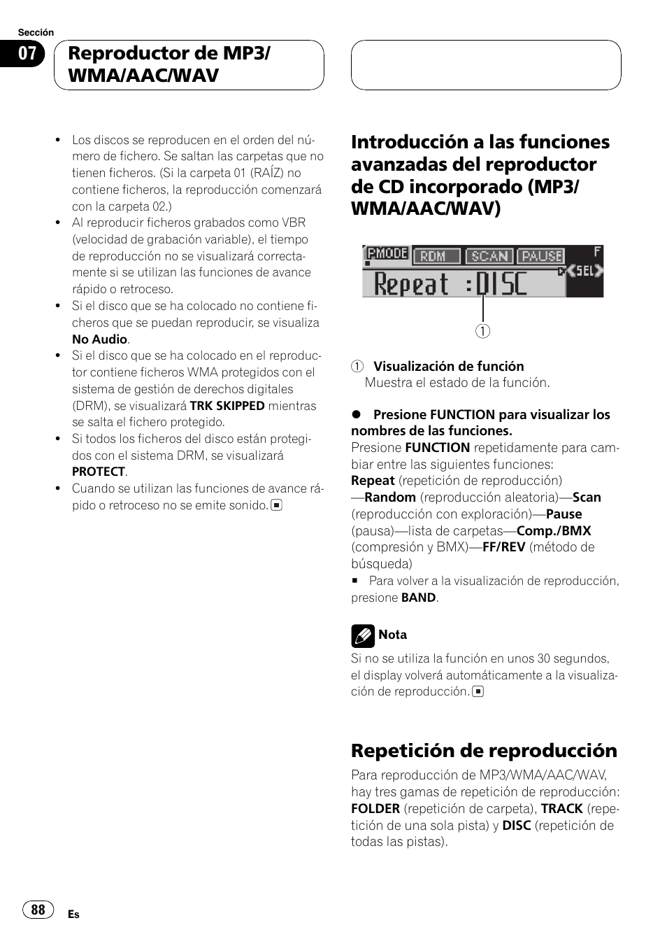 Introducción a las funciones avanzadas del, Reproductor de cd incorporado (mp3, Wma/aac/wav) 88 | Repetición de reproducción 88, Repetición de reproducción, Reproductor de mp3/ wma/aac/wav | Pioneer DEH-P6800MP User Manual | Page 88 / 123