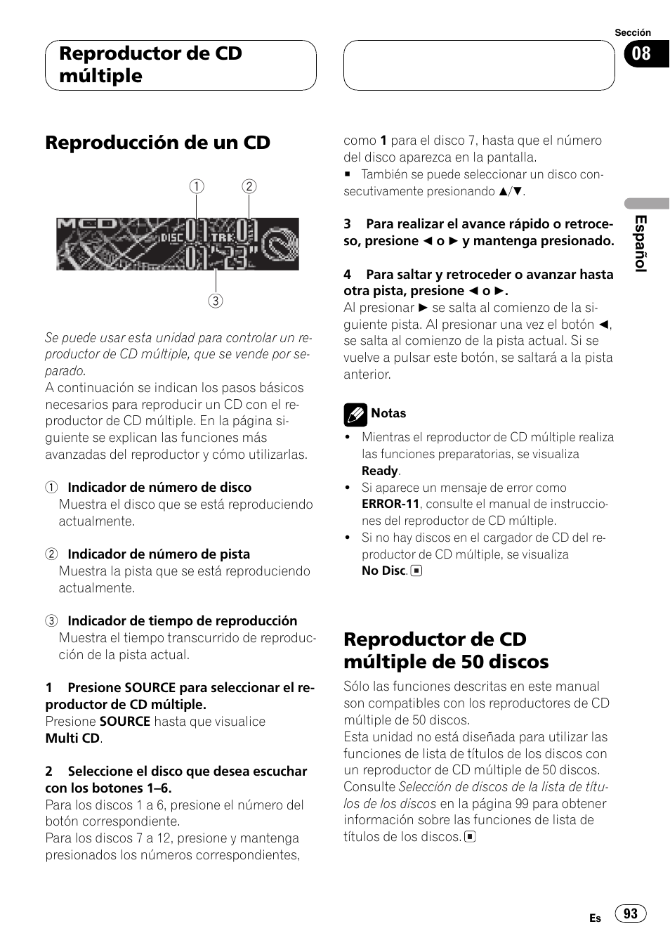 Reproductor de cd múltiple, Reproducción de un cd 93, Reproductor de cd múltiple de 50 | Discos 93, Reproducción de un cd, Reproductor de cd múltiple de 50 discos | Pioneer DEH-P6800MP User Manual | Page 93 / 123