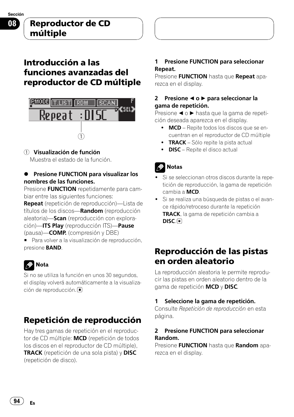 Introducción a las funciones avanzadas del, Reproductor de cd múltiple 94, Repetición de reproducción 94 | Reproducción de las pistas en orden, Aleatorio 94, Guiente, Repetición de reproducción, Reproducción de las pistas en orden aleatorio, Reproductor de cd múltiple | Pioneer DEH-P6800MP User Manual | Page 94 / 123