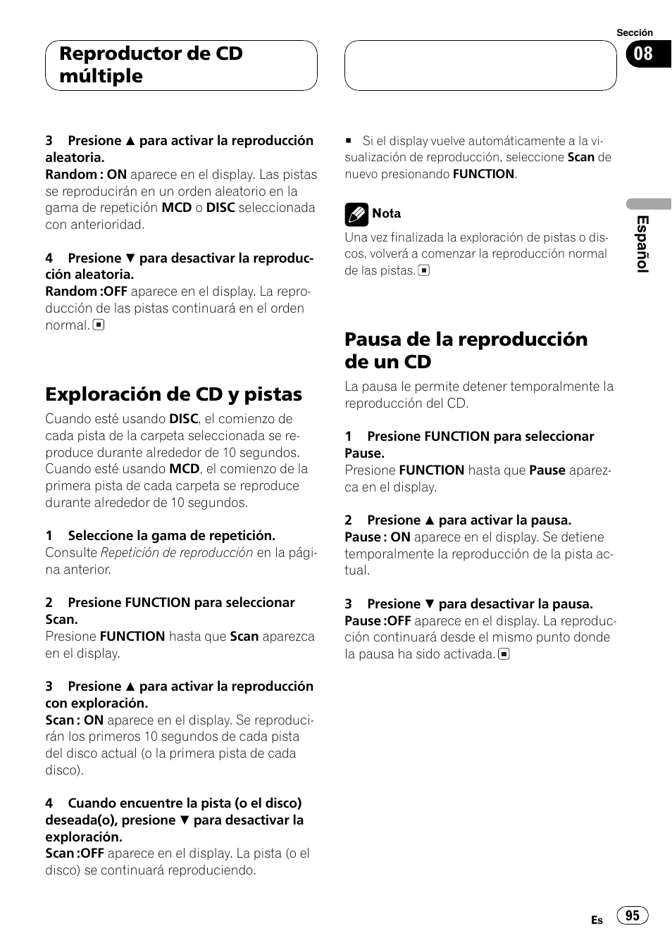 Exploración de cd y pistas 95, Pausa de la reproducción de un cd 95, Exploración de cd y pistas | Pausa de la reproducción de un cd, Reproductor de cd múltiple | Pioneer DEH-P6800MP User Manual | Page 95 / 123