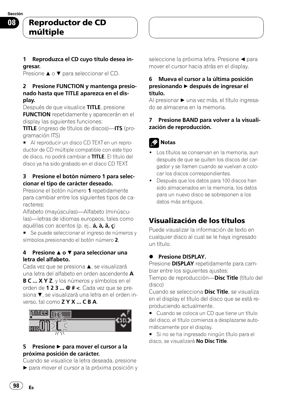 Visualización de los títulos 98, Reproductor de cd múltiple, Visualización de los títulos | Pioneer DEH-P6800MP User Manual | Page 98 / 123