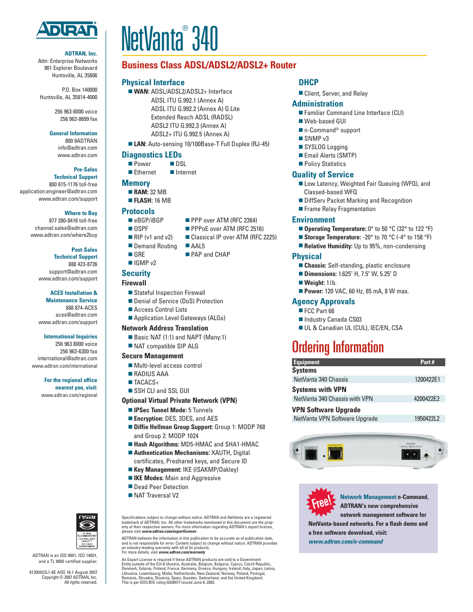 Netvanta, Ordering information, Business class adsl/adsl2/adsl2+ router | Physical interface, Diagnostics leds, Protocols, Security, Dhcp, Administration, Quality of service | ADTRAN NetVanta 340 User Manual | Page 2 / 2