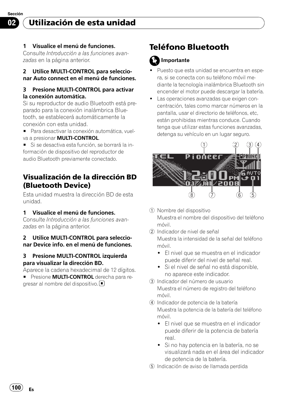 Visualización de la dirección bd, Bluetooth device), Teléfono bluetooth | Utilización de esta unidad | Pioneer DEH-P800BT User Manual | Page 100 / 148