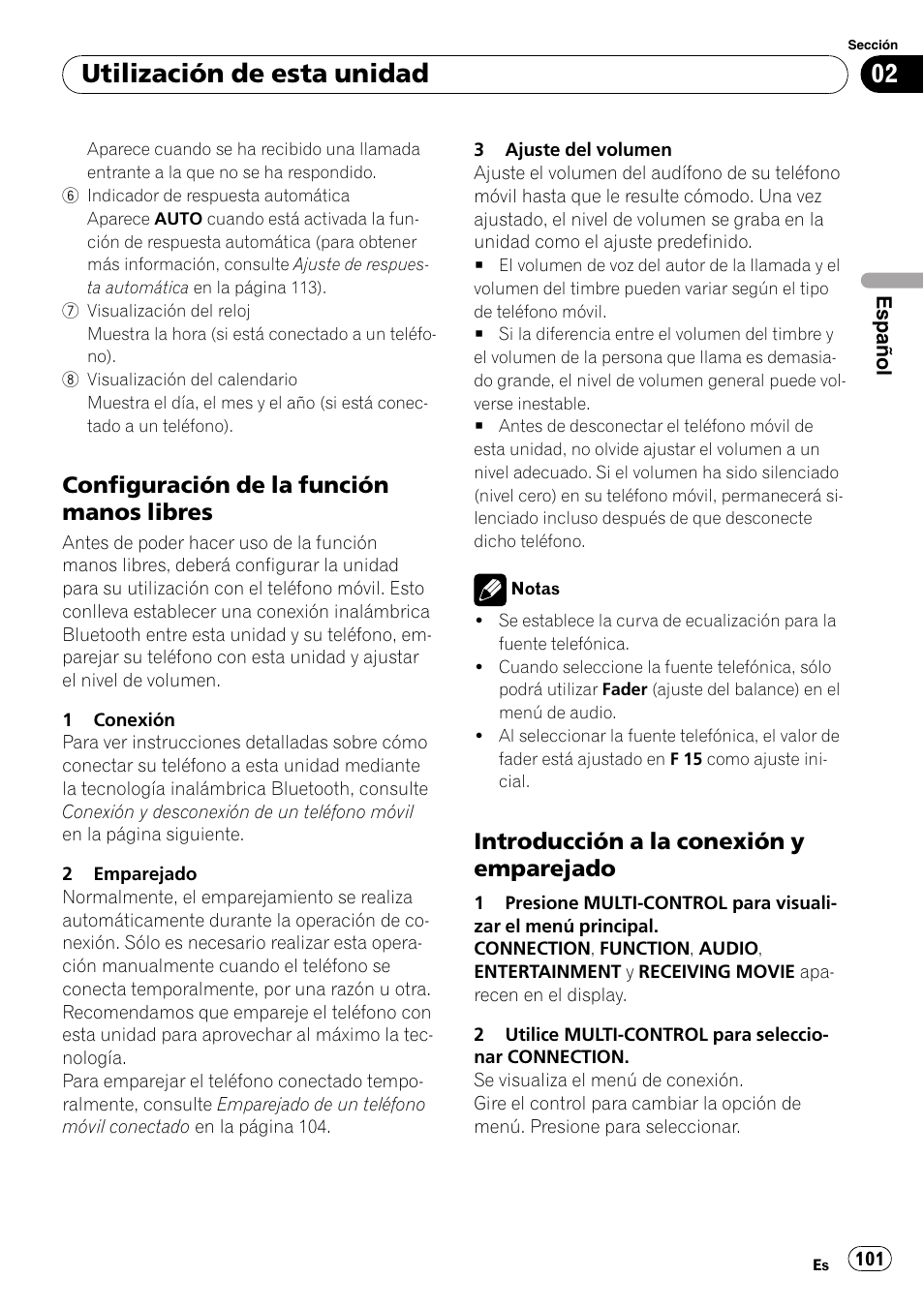 Configuración de la función manos, Libres, Introducción a la conexión y | Emparejado, Utilización de esta unidad, Configuración de la función manos libres, Introducción a la conexión y emparejado | Pioneer DEH-P800BT User Manual | Page 101 / 148