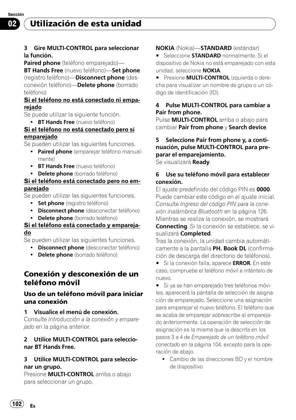 Conexión y desconexión de un teléfono, Móvil, Utilización de esta unidad | Conexión y desconexión de un teléfono móvil | Pioneer DEH-P800BT User Manual | Page 102 / 148