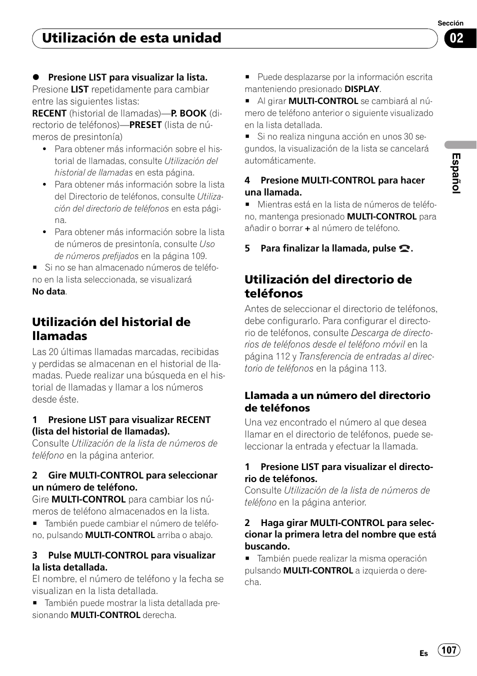 Utilización del historial de, Llamadas, Utilización del directorio de | Teléfonos, Utilización de esta unidad, Utilización del historial de llamadas, Utilización del directorio de teléfonos | Pioneer DEH-P800BT User Manual | Page 107 / 148