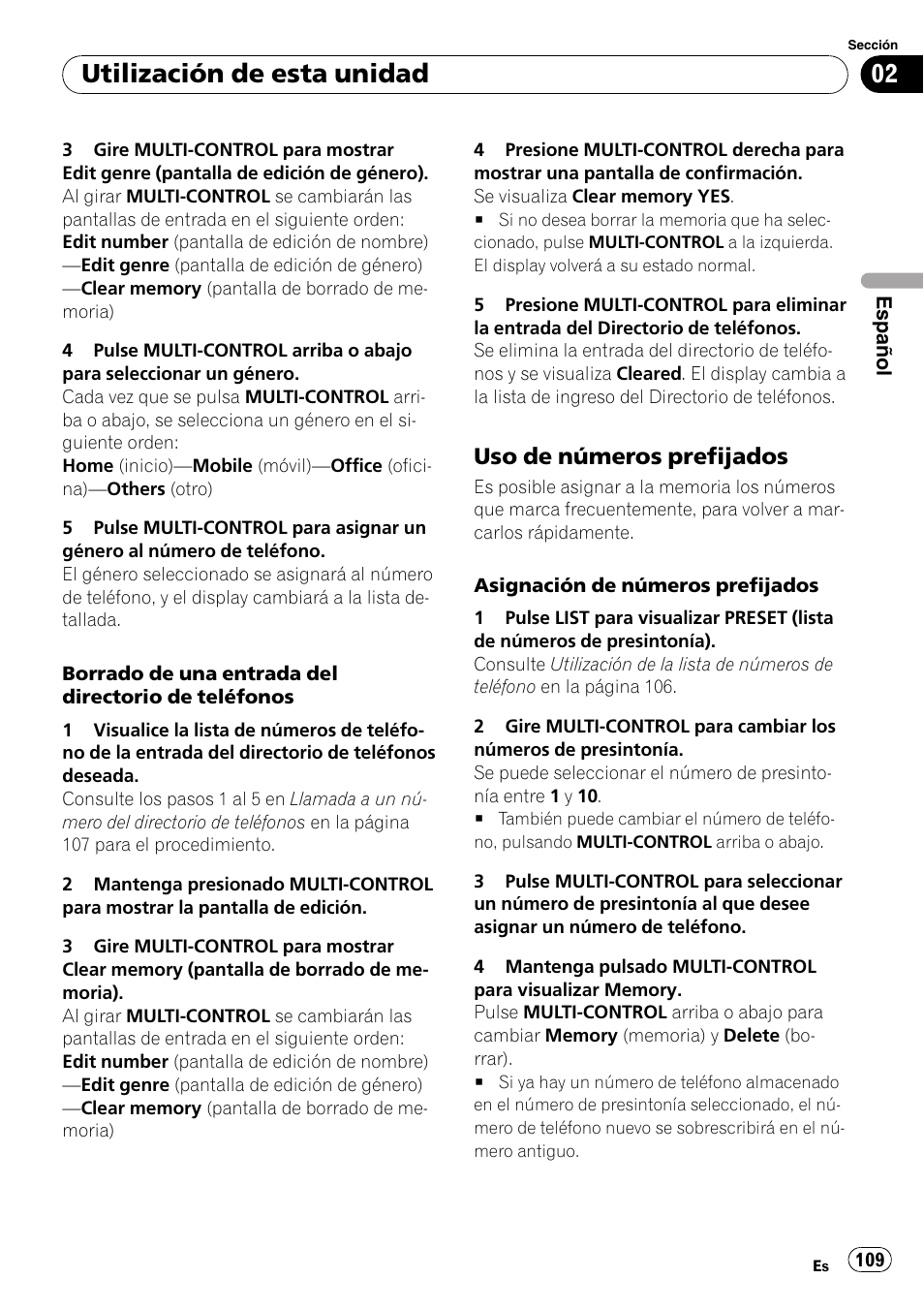 Uso de números prefijados 109, Uso de números prefijados en la pági- na 109, Utilización de esta unidad | Uso de números prefijados | Pioneer DEH-P800BT User Manual | Page 109 / 148