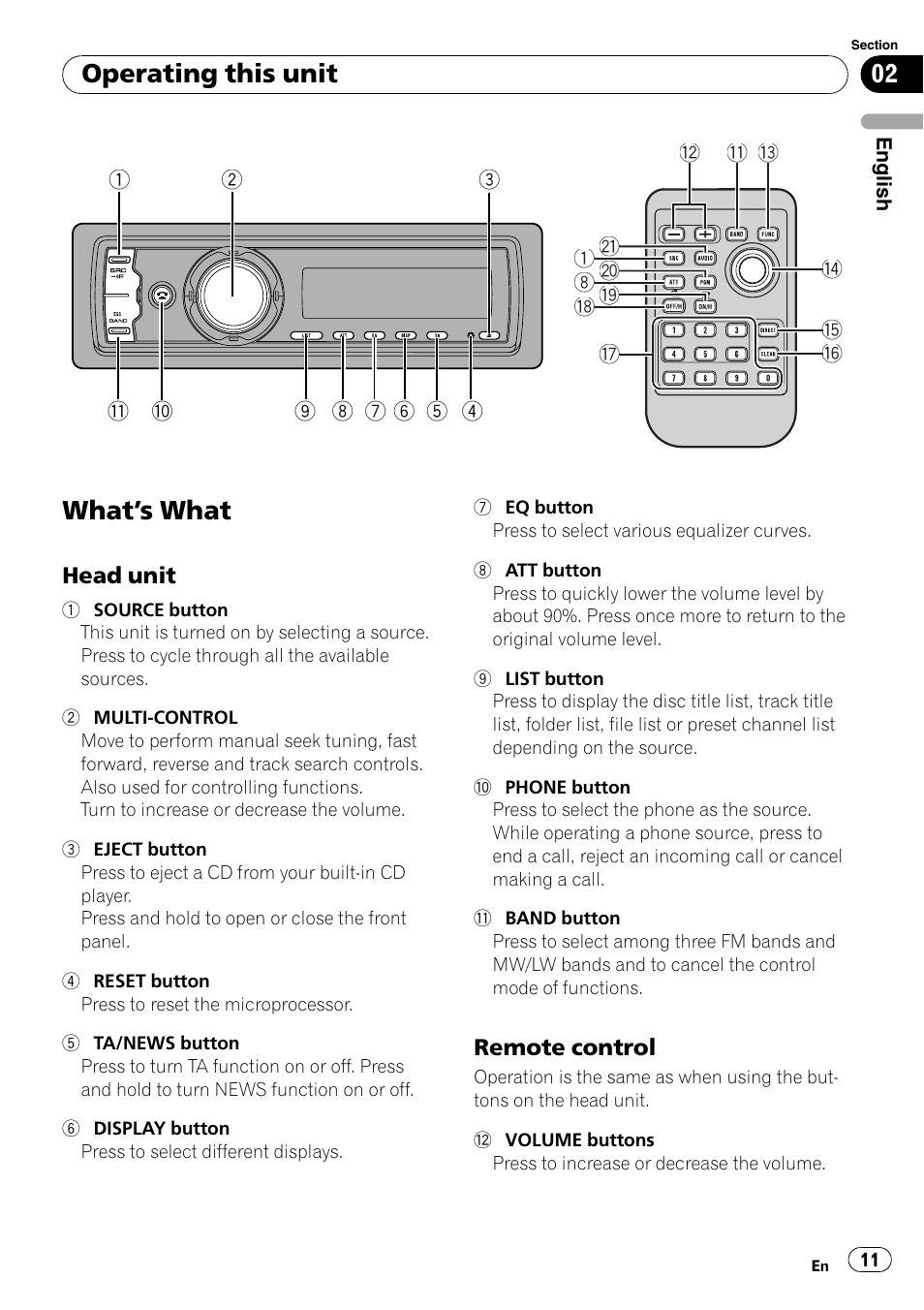 Operating this unit what, S what 11, Head unit 11 | Remote control 11, What ’ s what, Operating this unit | Pioneer DEH-P800BT User Manual | Page 11 / 148
