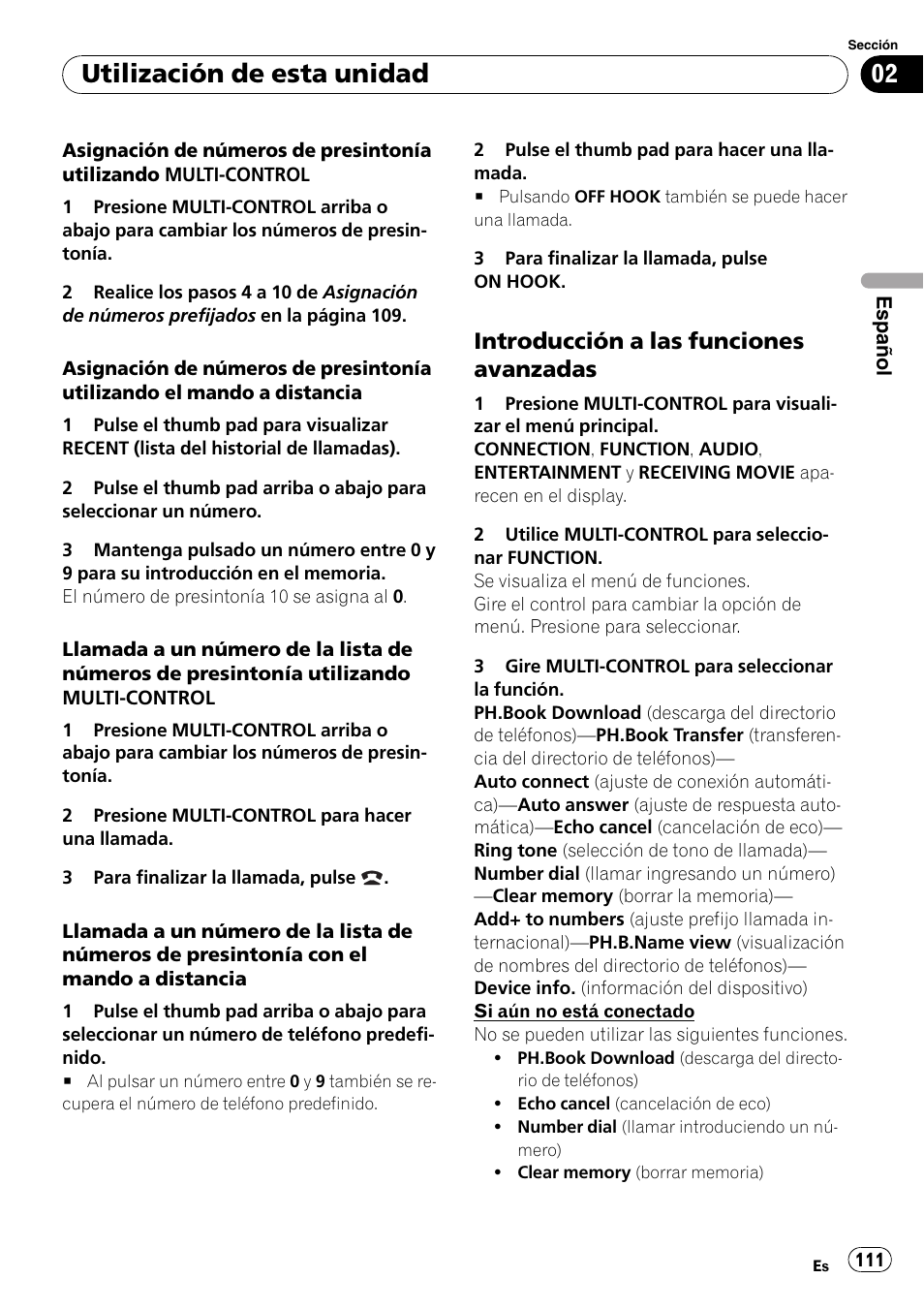 Introducción a las funciones, Avanzadas, Utilización de esta unidad | Introducción a las funciones avanzadas | Pioneer DEH-P800BT User Manual | Page 111 / 148